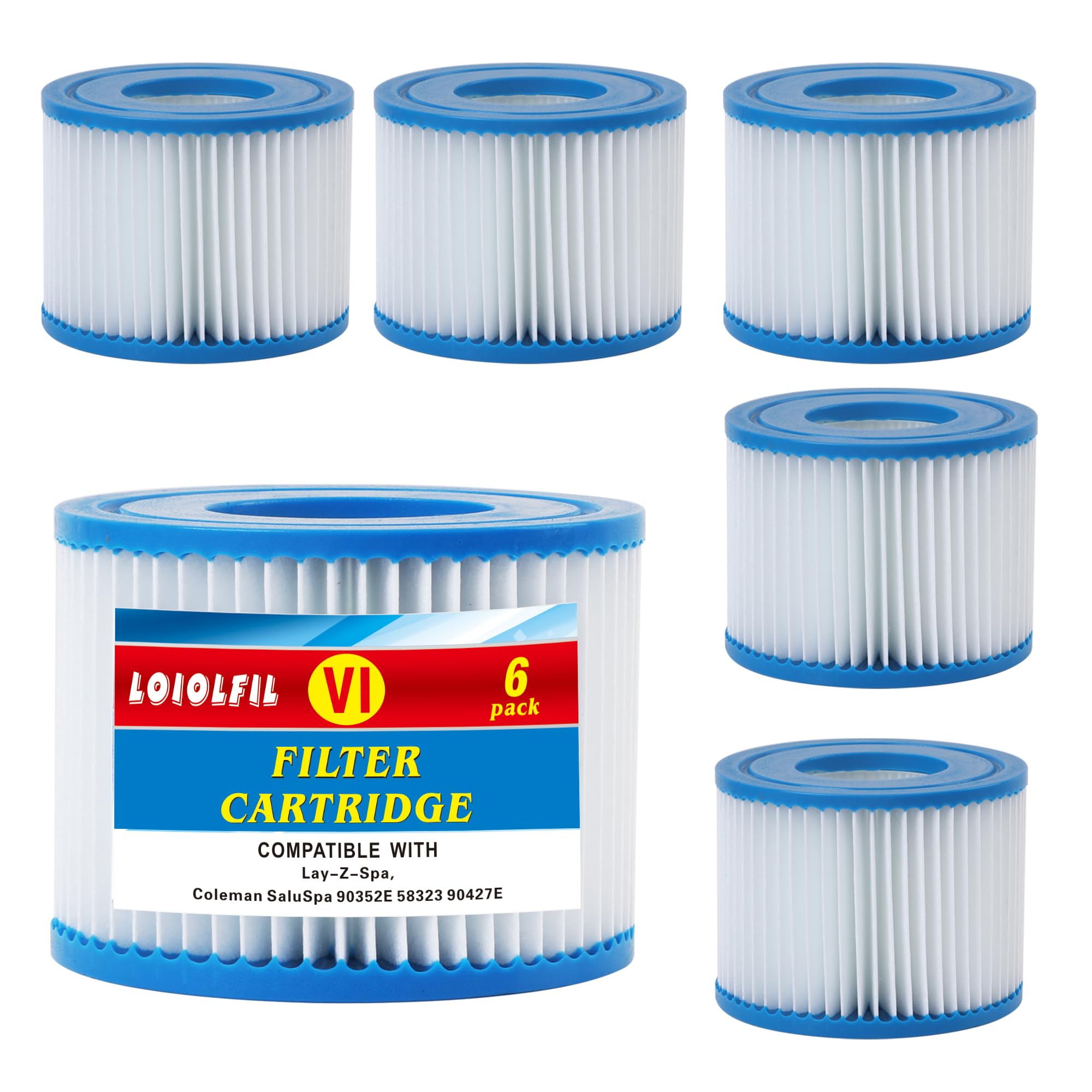 LOIOLFIL Type VI Spa Filter, Compatible with Lay-Z Spa Filter, 90352E, 58323E, 58323,90427E, Swimming Pool Pump Filter, Hot Tub Filter, 6 Pack