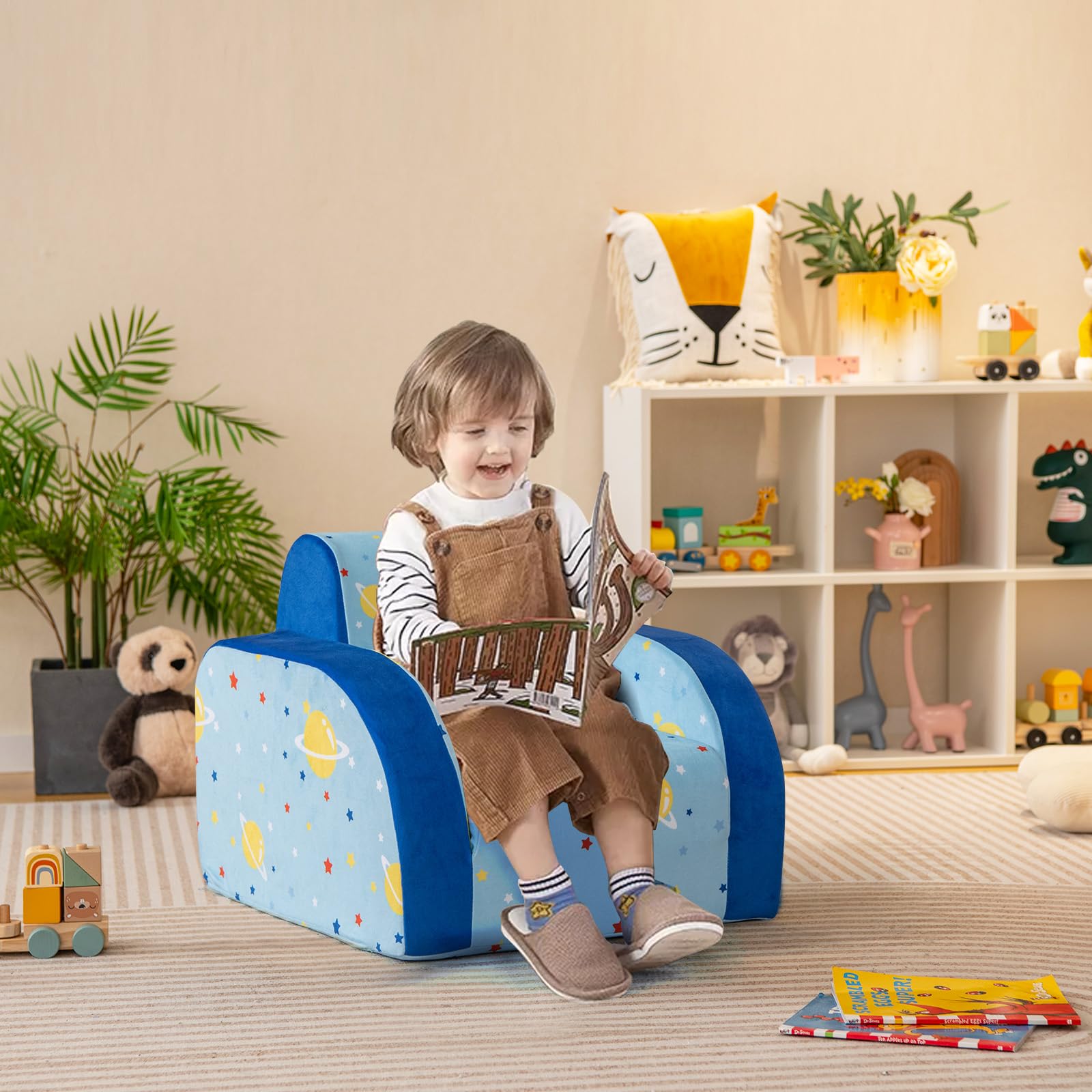 COSTWAY Sillones Infantiles Convertible 3 en 1, Sofá Cama para Niños con Asiento Acolchado de Espuma, Funda Protectora Extraíble, Sillón Reclinable Plegable para Niños de 0-5 Años (Azul, avión)