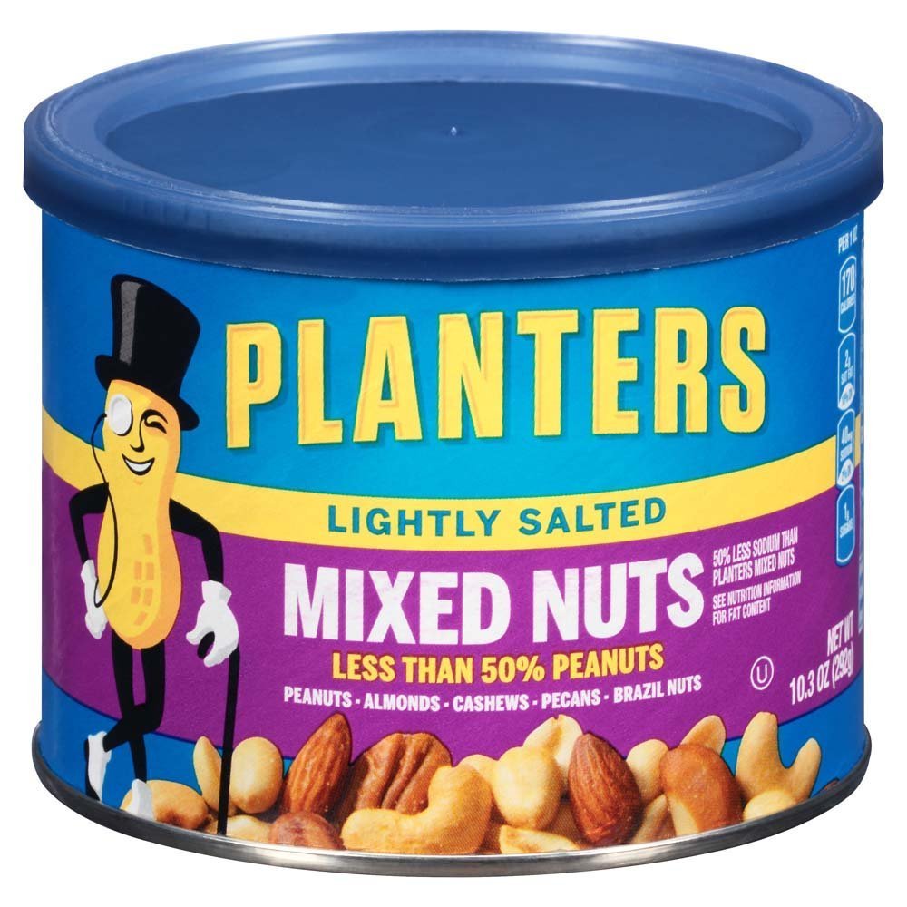 Planters Lightly Salted Mixed Nuts (10.3 oz Canister, Pack of 4) - Variety Mixed Nuts with Less Than 50% Peanuts with Peanuts, Almonds, Cashews, Hazelnuts & Pecans