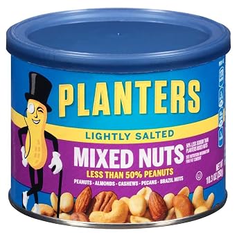 Planters Lightly Salted Mixed Nuts 10.3 oz Canister, Pack of 4 - Variety Mixed Nuts with Less Than 50% Peanuts with Peanuts, Almonds, Cashews, Hazelnuts & Pecans