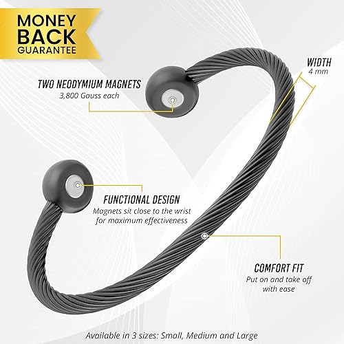 Miniatura 5 de MagnetRX Brazalete magnético - Brazalete magnético de acero inoxidable con cable trenzado - Elegante pulsera de golf para hombres y mujeres Gunmetal