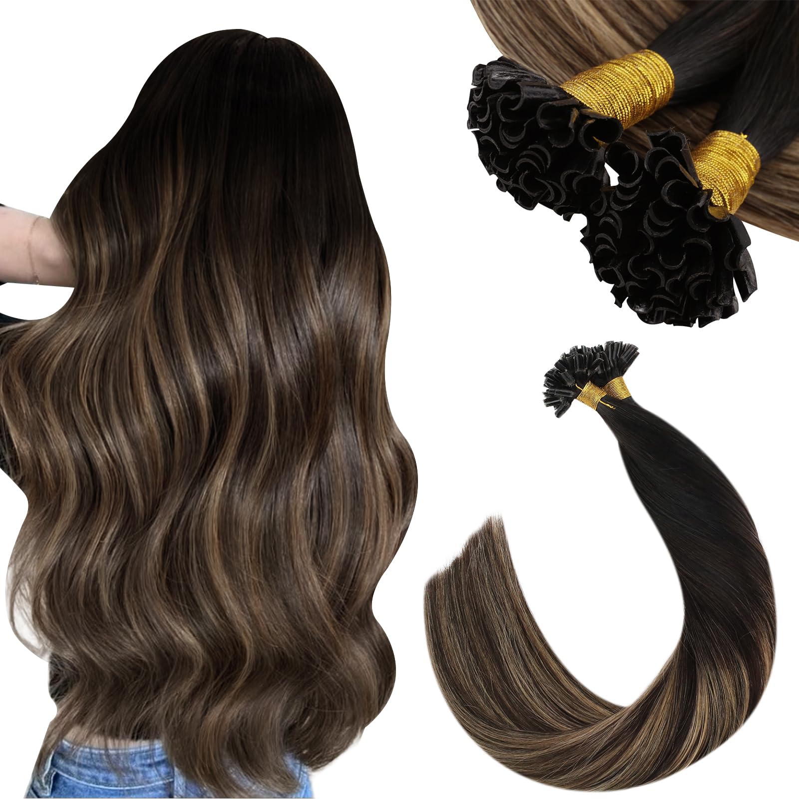 Ugeat Przedłużanie Włosów Keratyna Utip, Włosy Ludzkie, Balayage Naturalna Czerń do Crązu, 55cm 50 sztuk 50g, Przedłużanie Włosów U Tip Blond, Remy Naturalne Proste