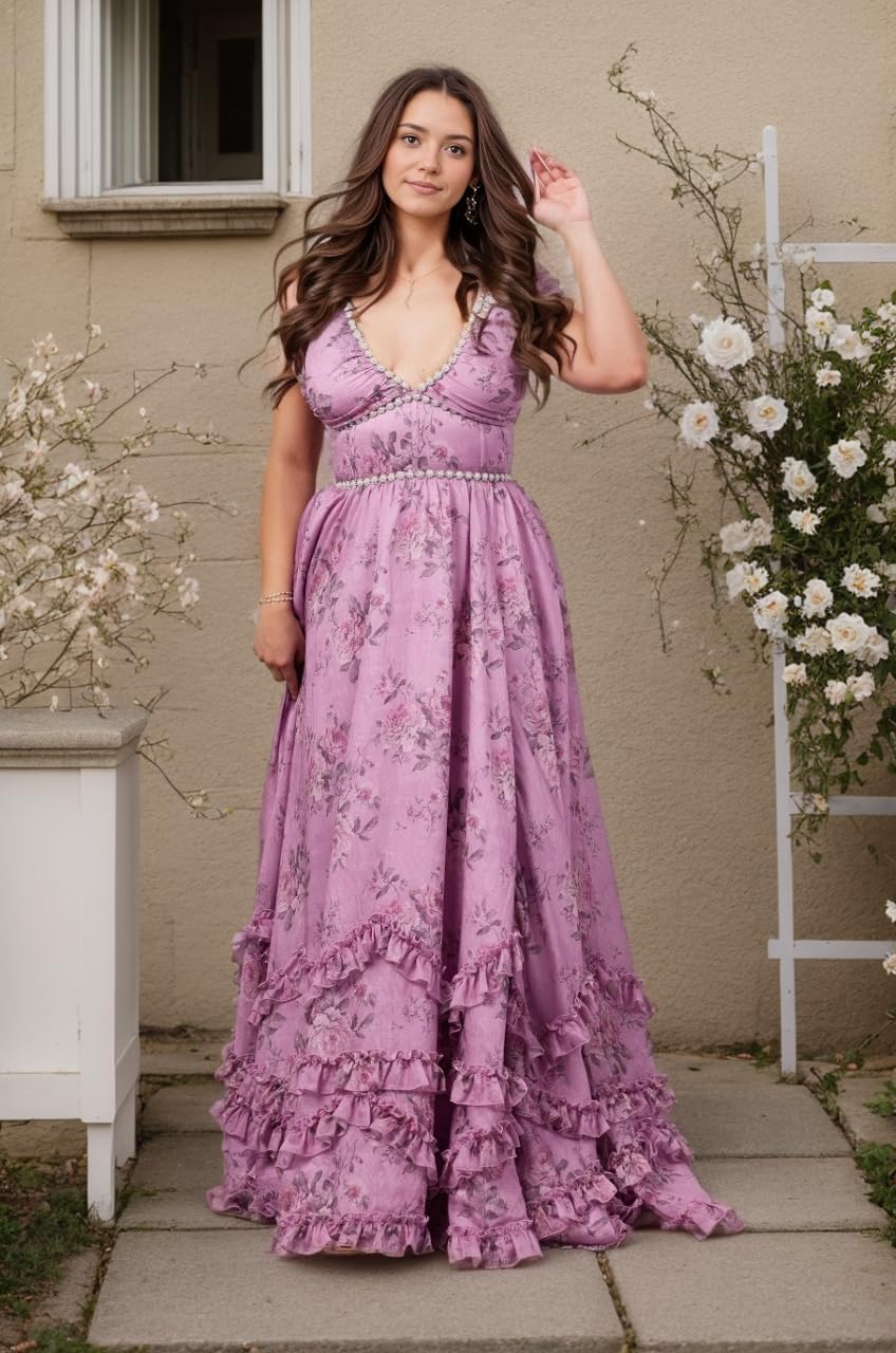 Floral Printed Chiffon Prom Dress for Carmen 2025 Long V Neck Floor Length Photoshoot Dress with Side Slit Ruched - Image 5