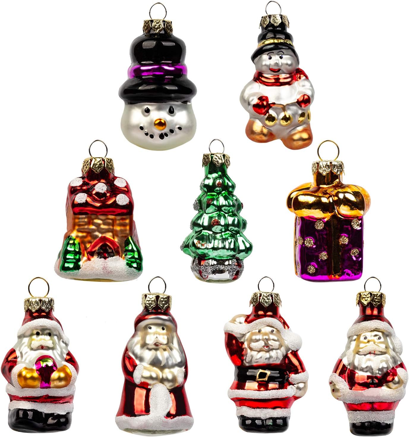 Art Beauty Christmas Baubles Miniature Glass Tree Decoration small Santa Snowman Ornaments with Topper 9 Pcs for Xmas Decor Wedding Party Banquet (Classic Figurines Set)