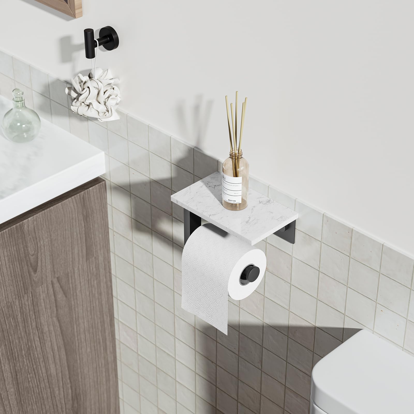 Matte Black Toilet Paper Holder with Marble Shelf Tissue Roll Holder — Amazon image 2