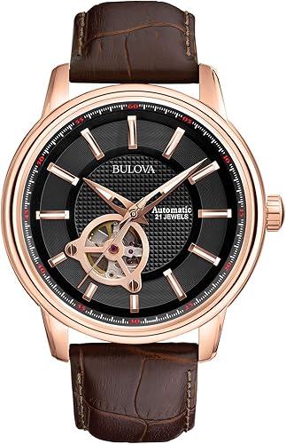 Bulova Men's Classic 3-Hand Automatic Leather Strap Watch, 21-Jewels, Hack Feature, Luminous Hands and Markers,Open Aperture and Exhibition Case Back