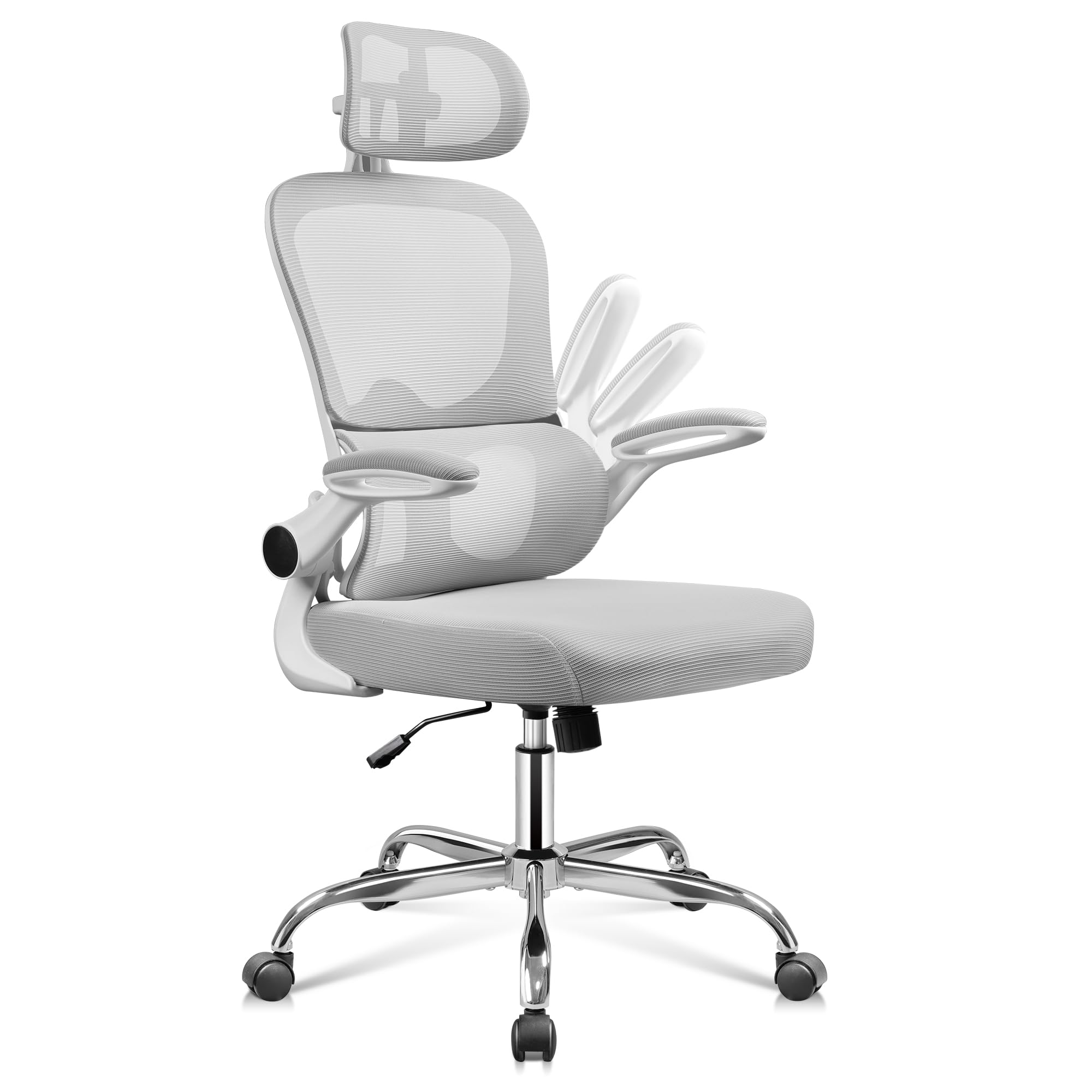 DEVAISE Ergonomic Office Chair with Segmented Lumbar Support, Adjustable 3D Headrest, 90° Folding Armrests and Breathable Mesh Back – for Office or Telework – White