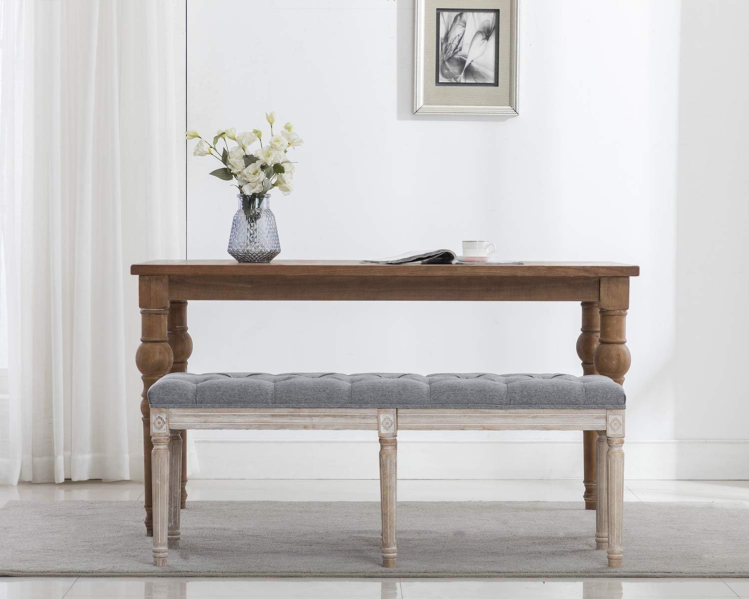 Kmax 45" Upholstered Dining Room Bench, Rustic Living Room Ottoman Bench with Carved Pattern & Rustic White Brushed Rubber Wood Legs, Gray