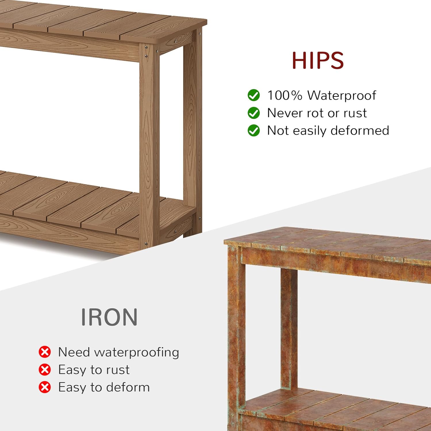 Stoog All-Weather Patio Console Table, 2-Tier Outdoor Table with Adjustable Feet, Never Fade or Rot, for Backyard, Deck, Entryway, and Garden, Teak