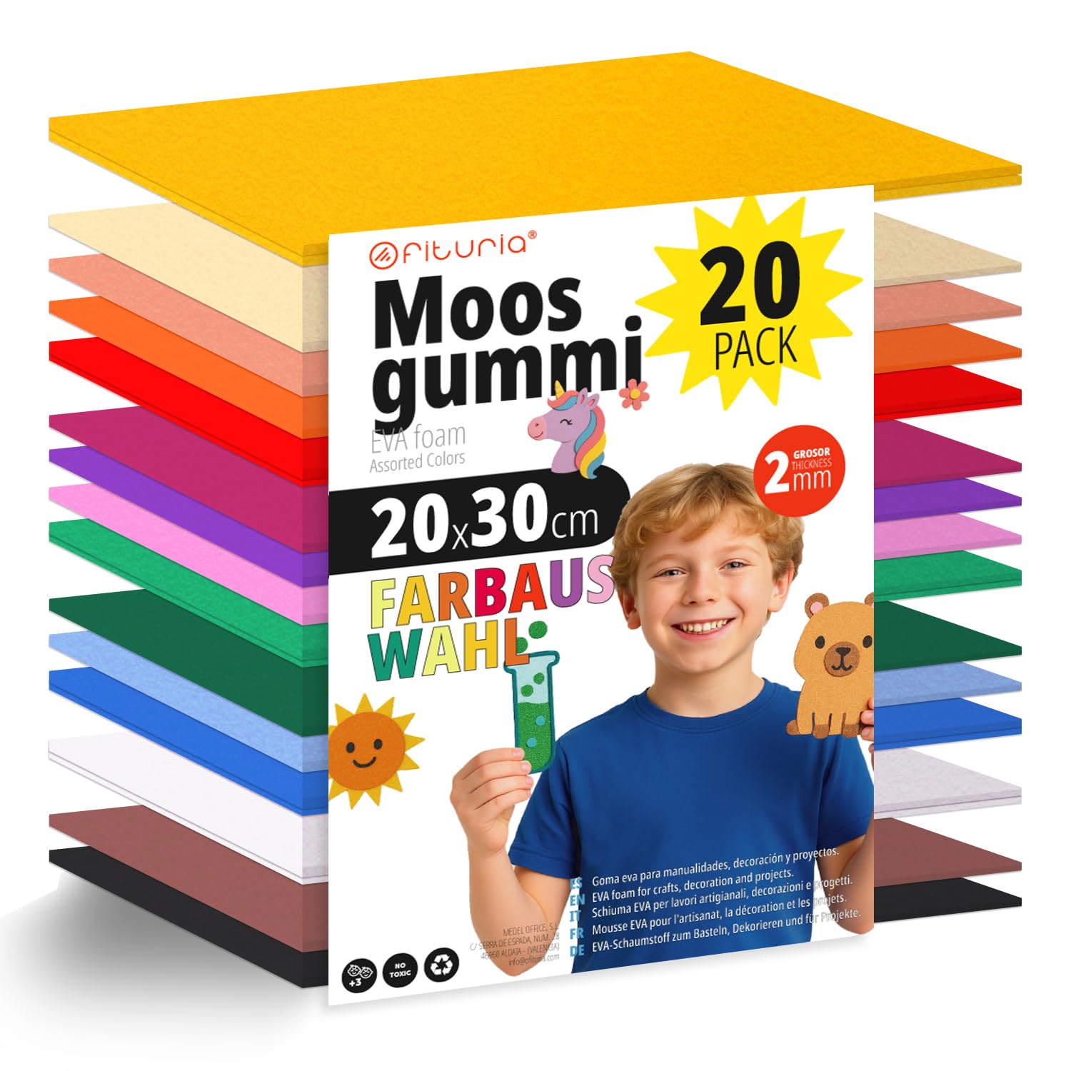 OFITURIA 20 Blatt Moosgummi Set, Bunte Farben, Format 20x30 cm – Ideal für Bastelprojekte, DIY, Schule, Kunst & Dekoration (Glitzer)