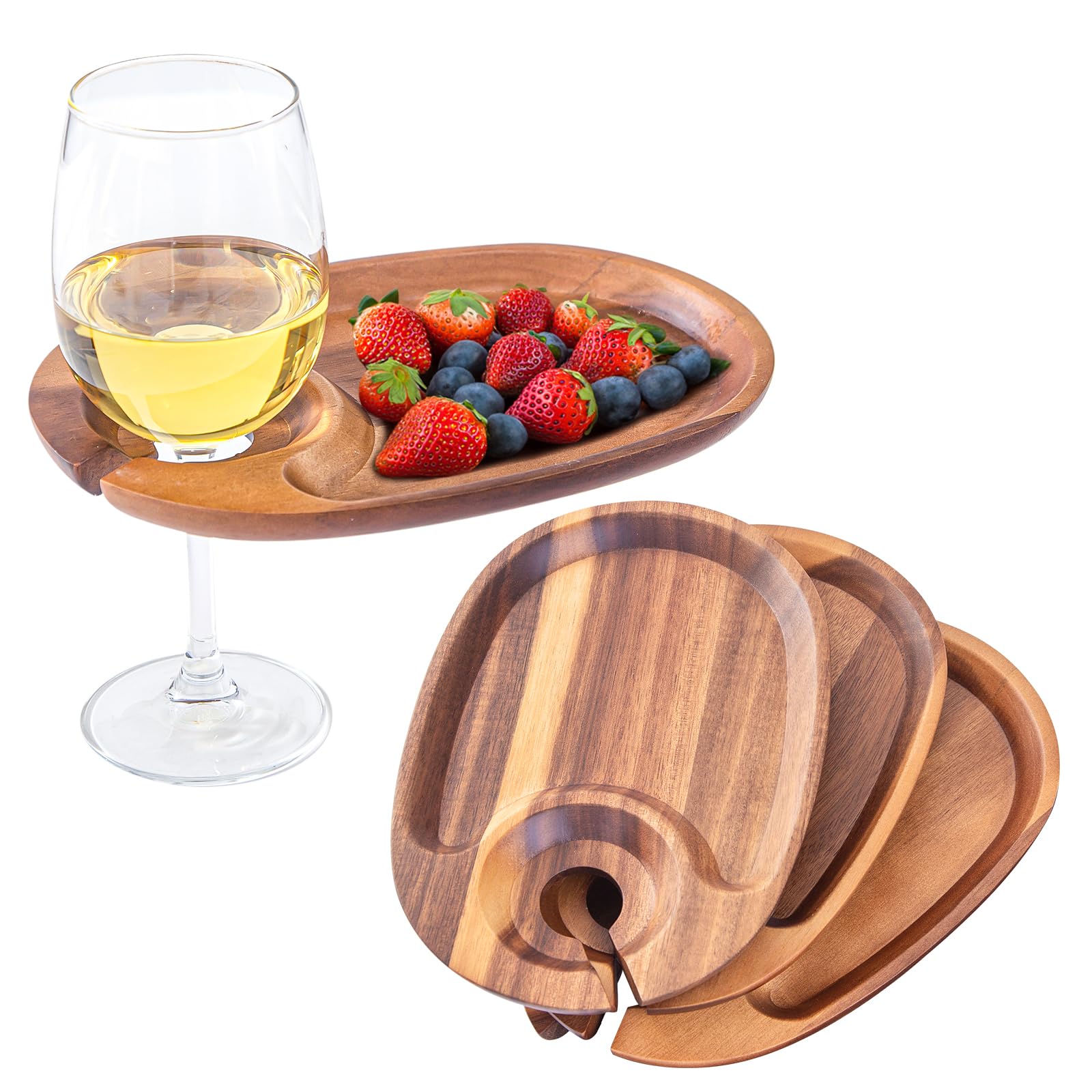 Set di 4 piatti da antipasto in legno con supporto per calici da vino, piccoli formaggi per feste di vino, feste di inaugurazione della casa, feste di compleanno (acacia)