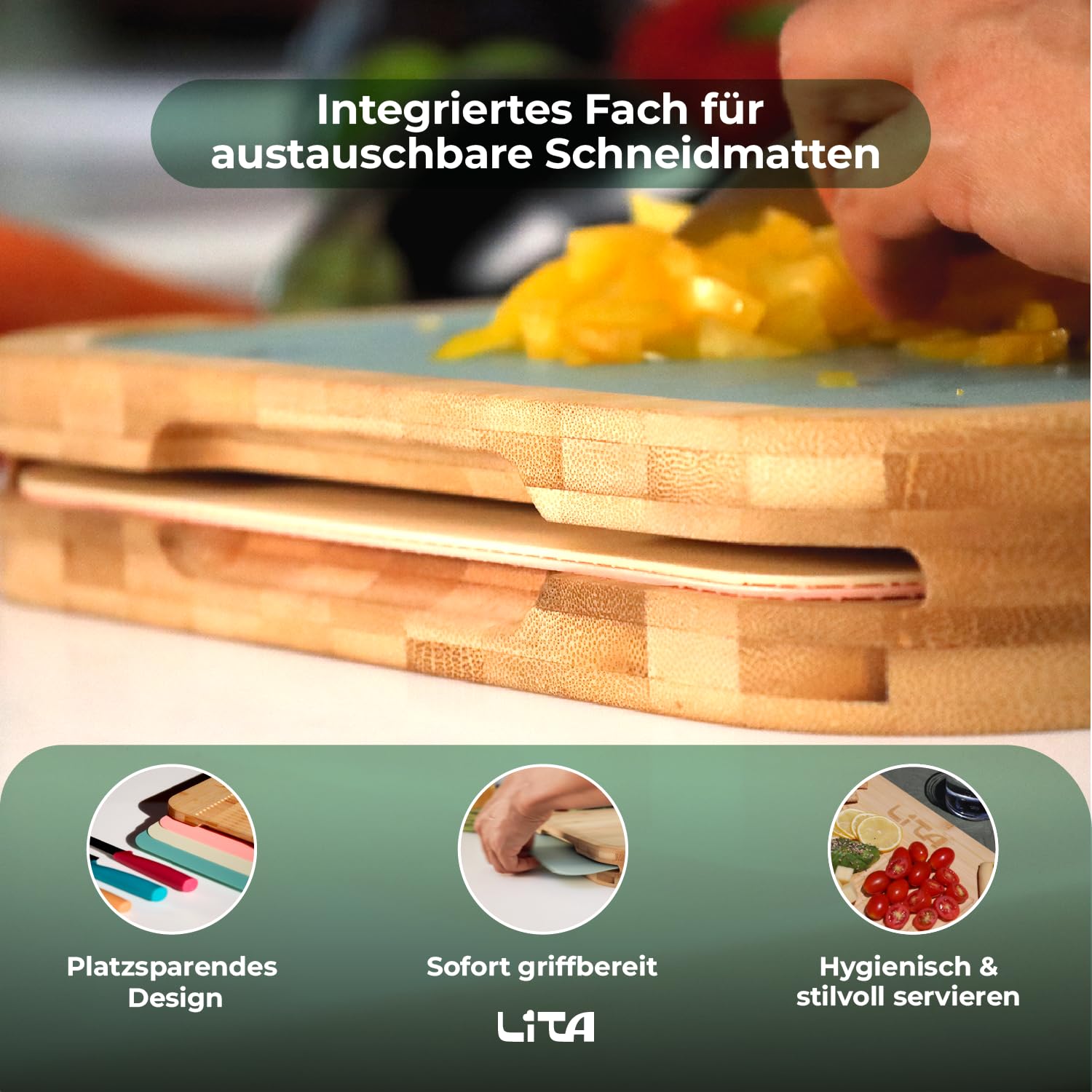 Schneidebrett Bambus XL - Doppelseitiges Holzschneidebrett mit 3 Austauschbaren PP-Schneidematten BPA-Frei - Antibakteriell & Rutschfest für Fleisch, Gemüse, Brot - LITA