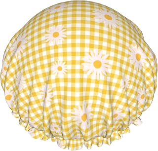 Daisy Shower Caps Yellow Checkered Dual-Layer Waterproof Bath Hat Flower Reusable Hair Caps Elastic Hair Hat for Shower Cooking Clean Makeup Travel