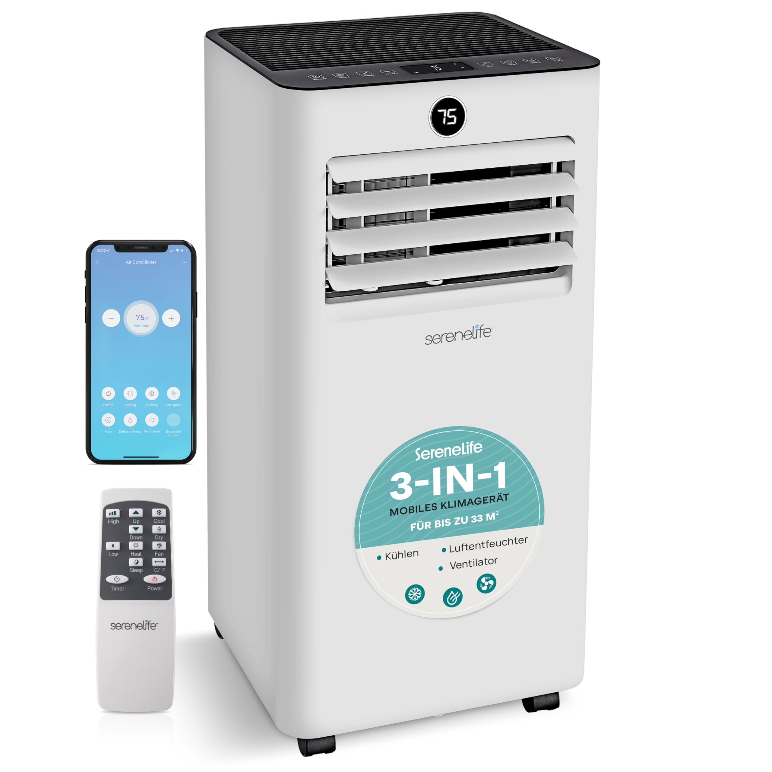 SereneLife Klimaanlage Mobil mit Abluftschlauch 7000BTU, WLAN- 3-in-1 Klimagerät für Heiße Sommertage mit Entfeuchter und Ventilator, Fensterkit, 24h Timer, Leise, für Räume bis 33m²