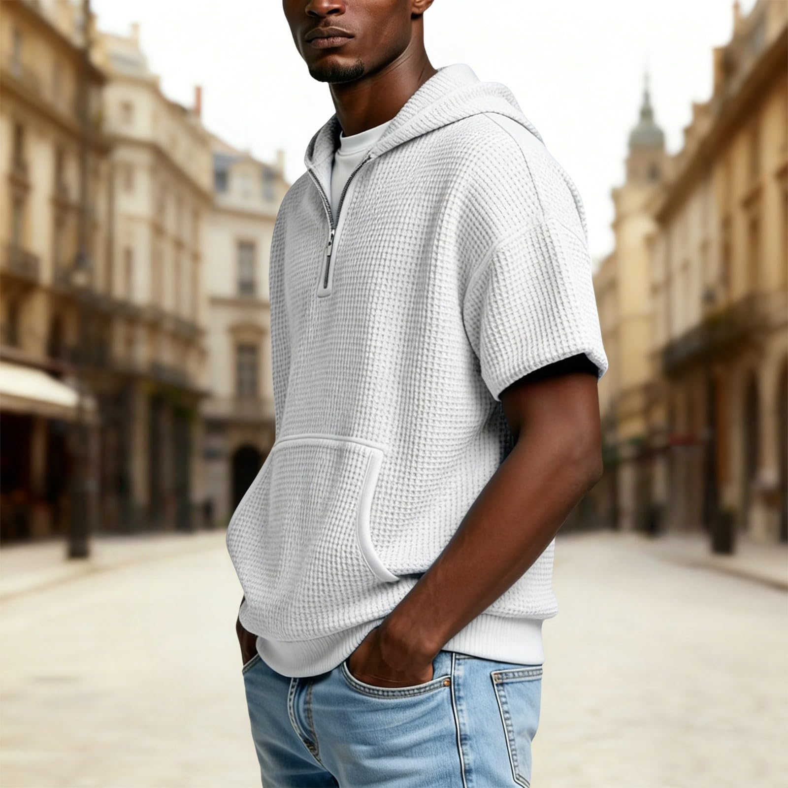 Camisa Sin Mangas Hombre Sudadera con Capucha para Hombre, De Punto Cremallera Un Y Manga Larga Bolsillo (White, M) Protección Solar Impermeable Chaqueta Camisas Oversized Gym Proteccion