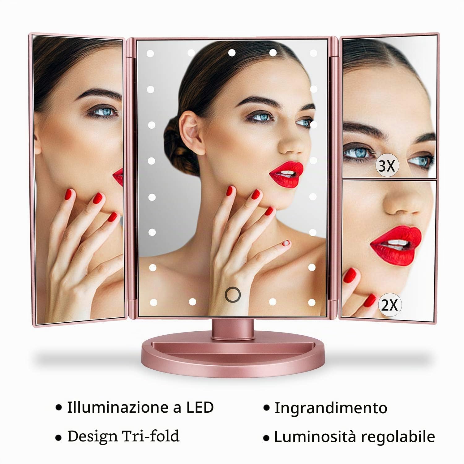 deweisn Specchio Trucco con 21 LEDs, Specchio di Vanity Trifold Ruota di 180° Ingrandimento 1x / 2X / 3X Specchio per Il con Touchscreen per Il Trucco e la Cura della Pelle (Oro Rosa)