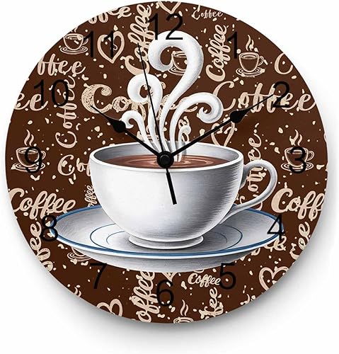 Wall Clock Coffee Cup Clocks PVC Silent Non-Ticking Battery Operated Decorative Retro Brown Cafe Round Clock for Home Living Room Kitchen Bedroom