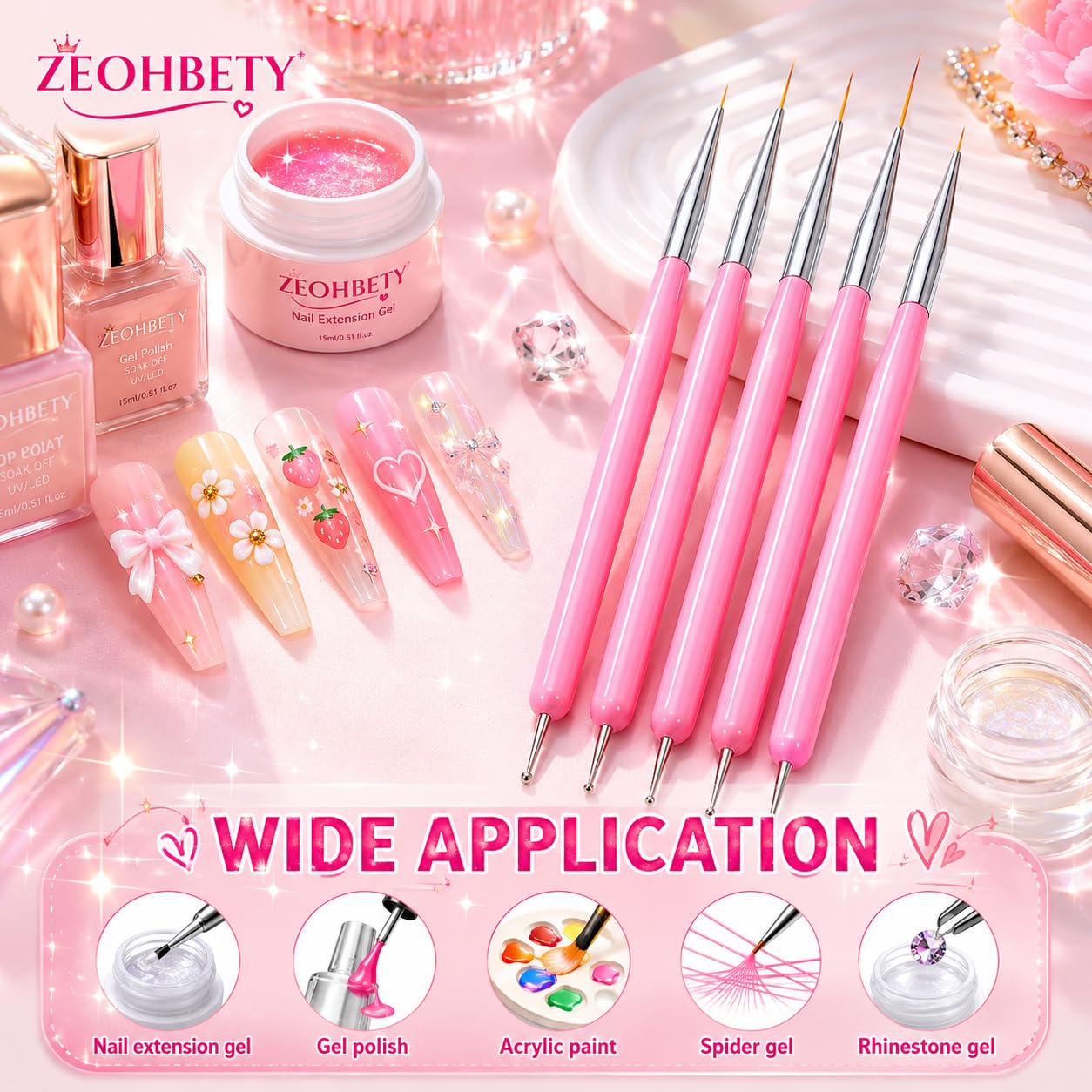 Pennelli per nail art, 5 pennelli per nail art, strumenti per punteggiare, set di pennelli per disegno artistico per linee lunghe, dettagli sottili, dimensioni 7/9/11/15/22 mm, rosa