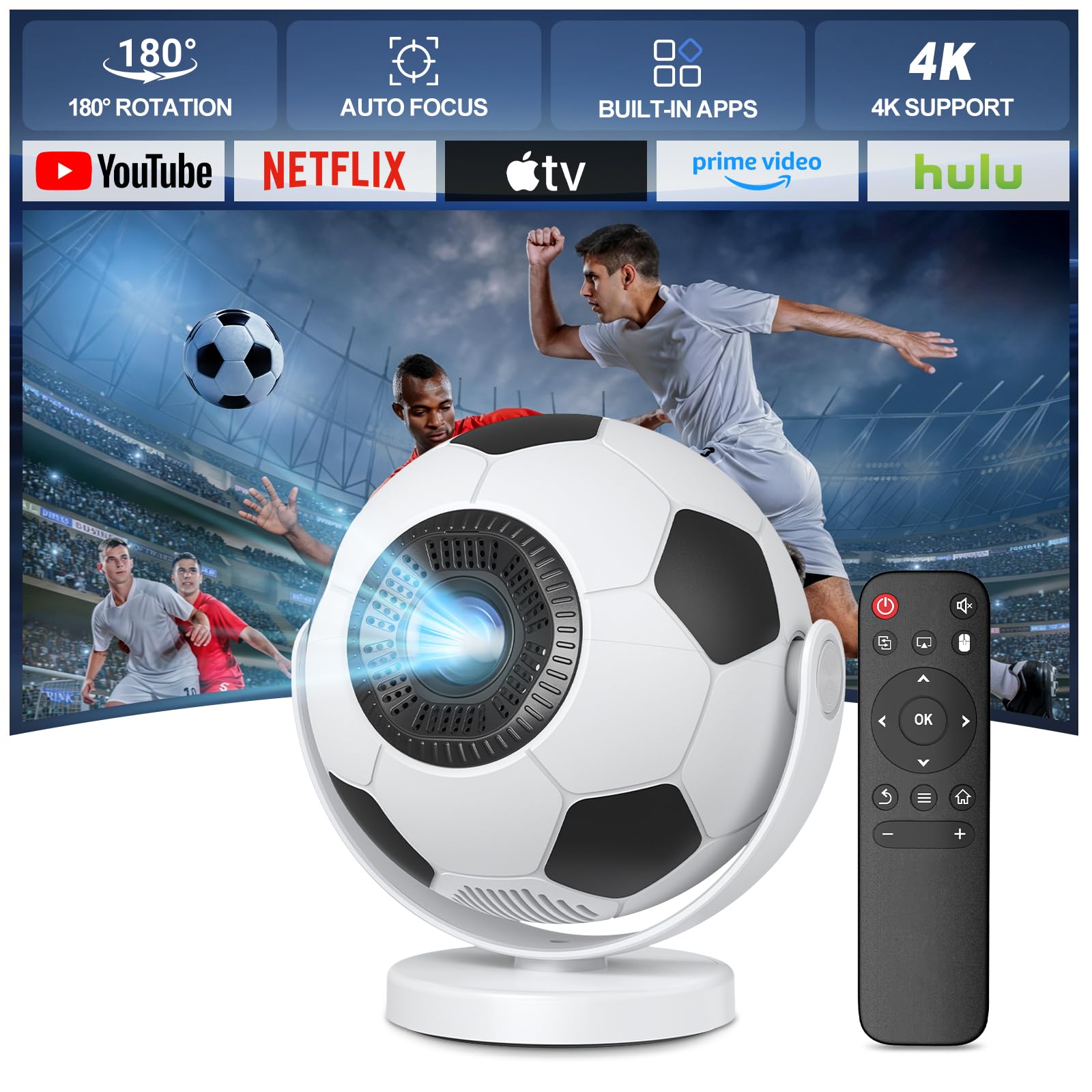 [World Cup Dedicated Projector] Mini Portable Projector with WiFi 6 Bluetooth 5.4, Android 14, Support 4K, Auto Keystone 180° Rotable Projector Compatible with Phone/PC/Laptop/TV/HDMI