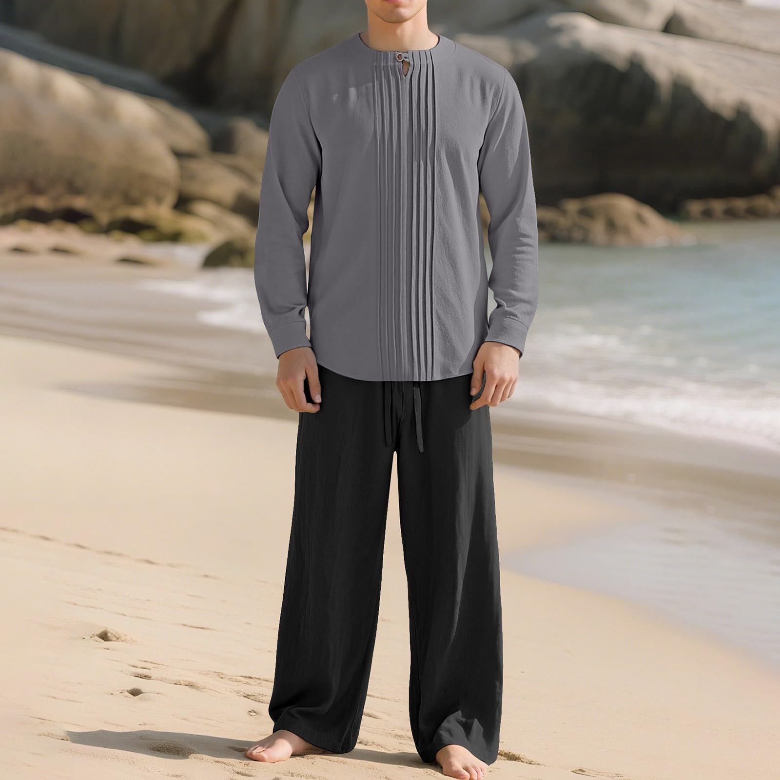 Camicetta Legere Uomo Cotone Camicia Sportiva Uomo Top Collo Mao Tinta unita Top Manica Lunga Chic E Confortevole Top Fluido Casual Top Vestibilità Larga Moda