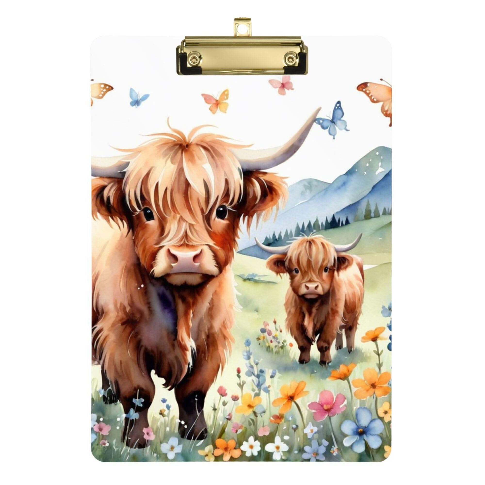Spring Flowers Butterflies Personalized Highland Cow Clipboard Clip A4 Size 12.5" x 9" Art Clipboard with Low Profile Clip for Coaches Office Supplies