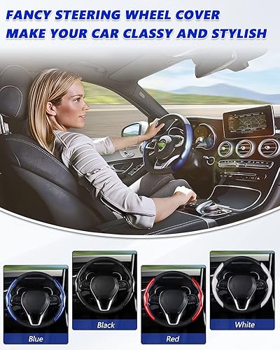 Miniatura 6 de Karltys Funda para volante, 2 unidades, color azul, de fibra de carbono, antideslizante, cálida en invierno, agarre segmentado para volante,