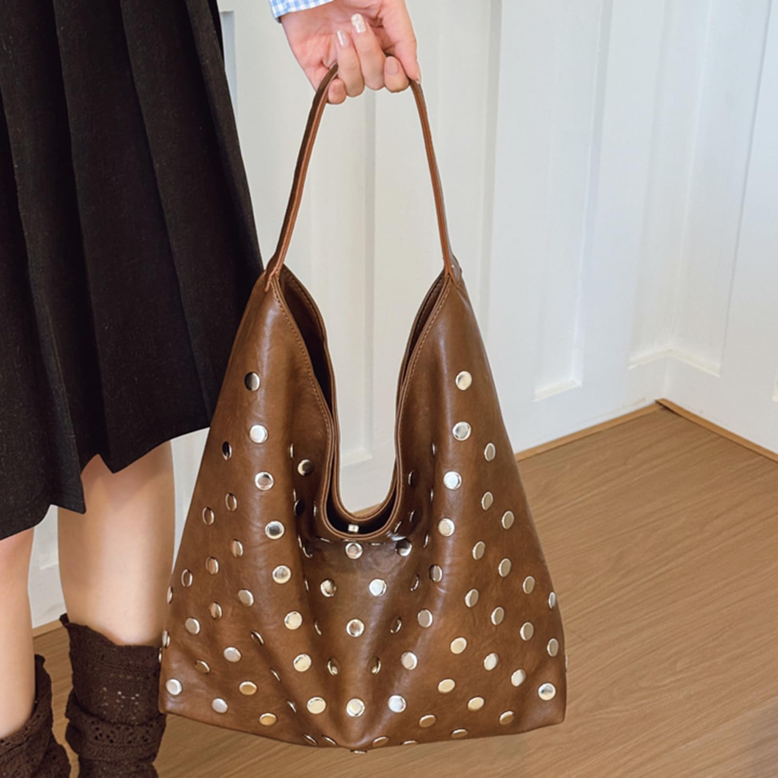 Bolso de mano de piel sintética para mujer con remaches, bolsa de hombro informal de gran capacidad para actividades diarias y salidas, Café 2 unidades, 460x280x220MM, Informal