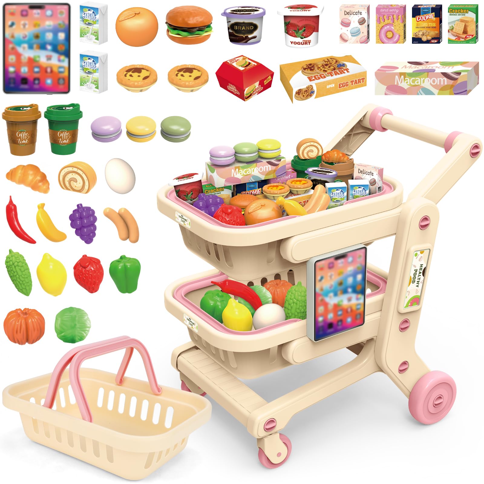 deAO Carrello Spesa Bambini con Frutta, Verdura | Carrello Spesa Giocattolo Bambini Gioco di Ruolo Cestino Della Spesa Portatile 2 Ripiani Dotato di Ruote Scorrevoli