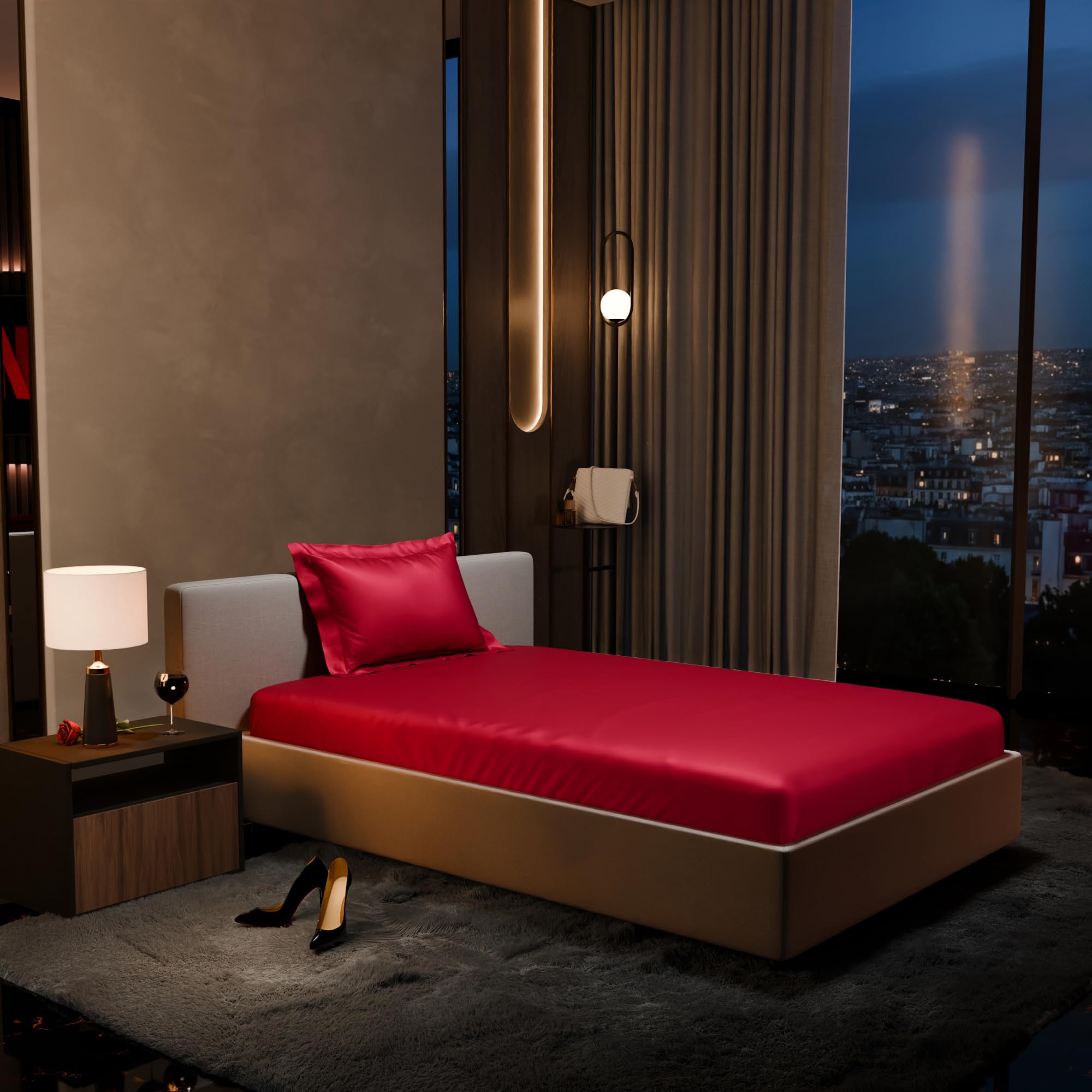 Stoa Paris 300TC UltraSatin Single Bedsheet Set, 10” Drop Fitted Bedsheet with 1 Pillow Cover, Hypoallergenic, Wrinkle Free, Aesthetic Bedding, Home Decor, Gift, Date Night - Flirty Red