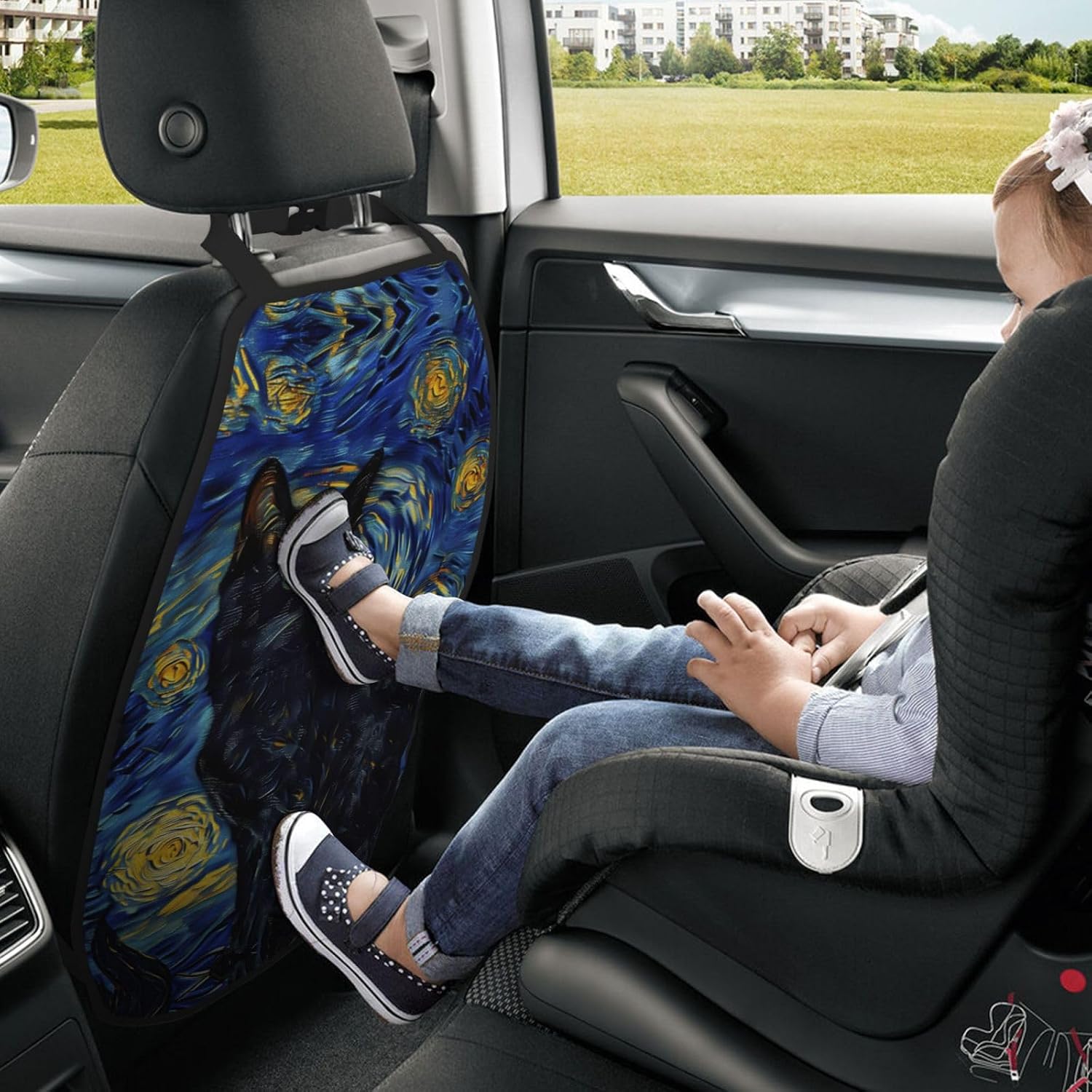 Car Seat Back Kick Protector 2 Pack 18.5" x 26.4", Black Cat Van Gogh Starry Night Upgraded Large Rear Seat Cover for Dirty Shoes Kids Pets, Waterproof Oxford Fabric Anti-Kick Pad for SUV Jeep