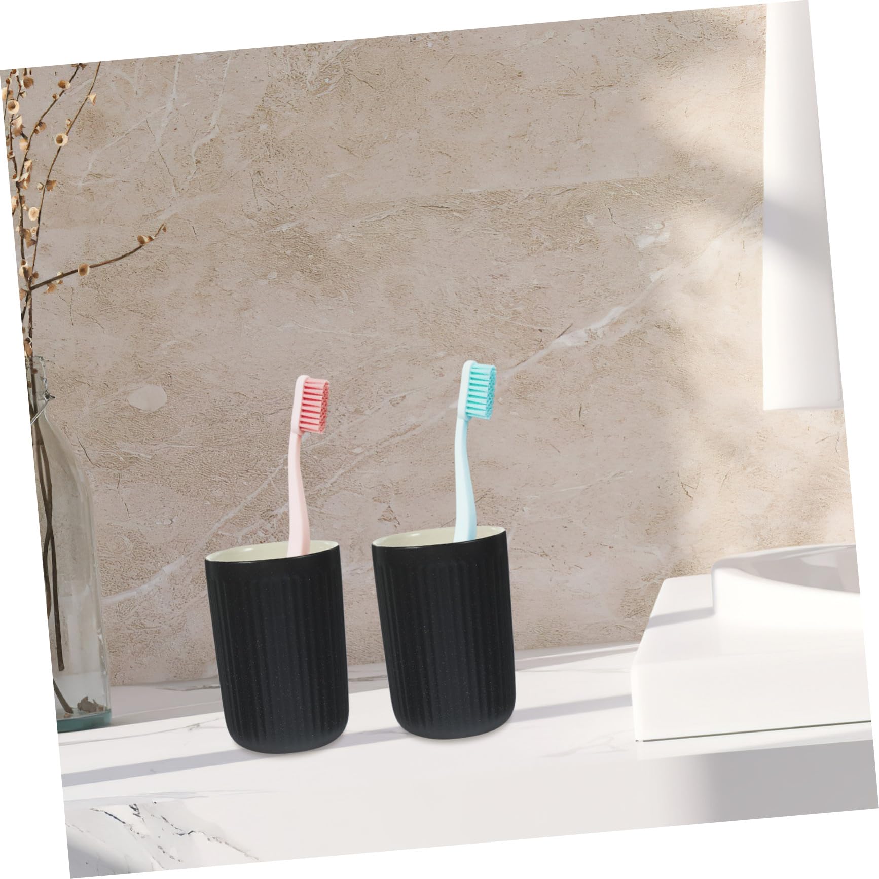 Happyyami 2 Vasos de Cerámica Negra de 300ml para Cepillos de Dientes y Enjuague Bucal, Reutilizables y Cómodos para Camping y Viaje