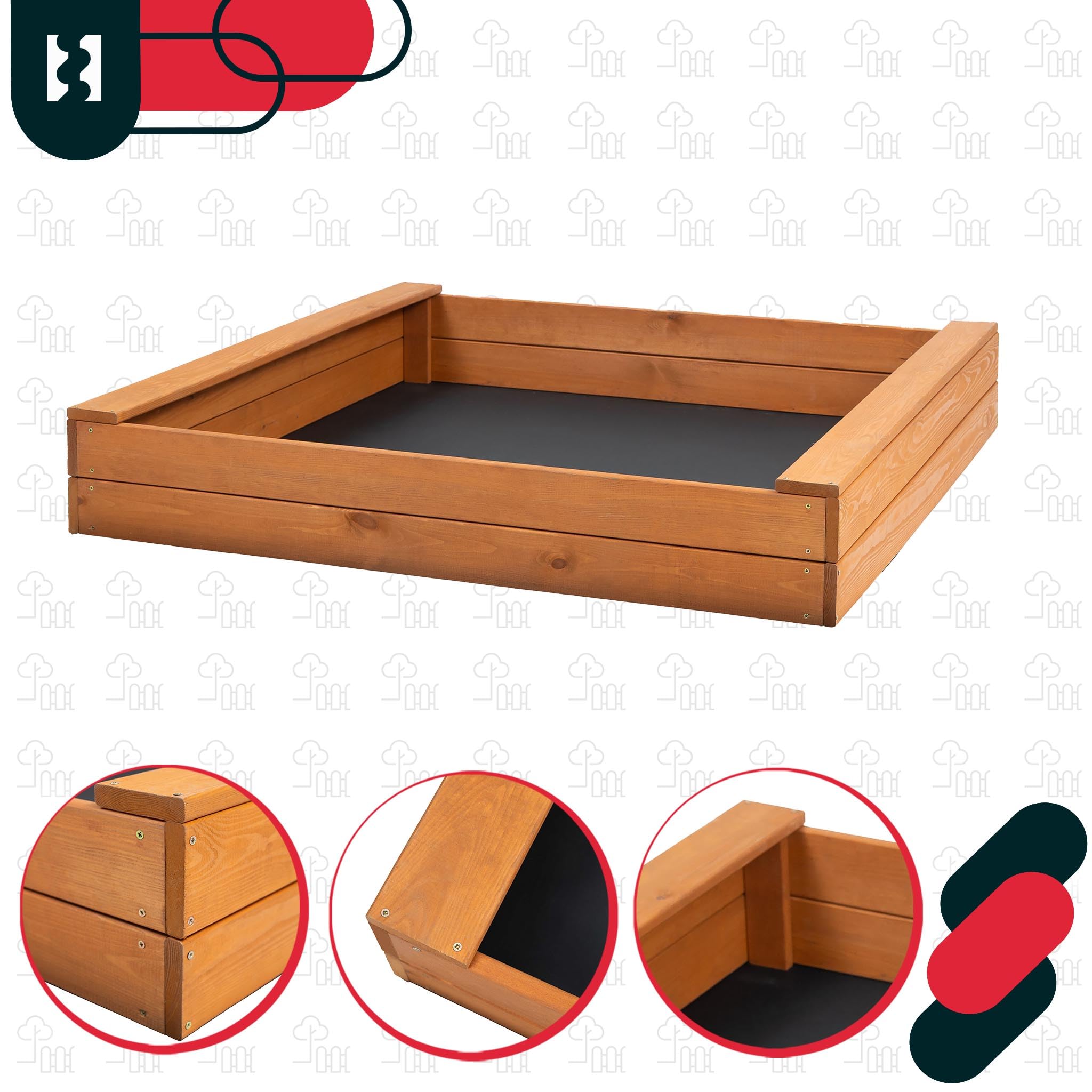 KOTARBAU® Piaskownica z ławką do siedzenia – 120 x 120 cm – piaskownica z drewna – piaskownica z 2 ławkami – zabawka ogrodowa dla dzieci – z włókniną do piaskownicy – drewno sosnowe – impregnowana