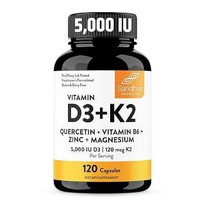 Sandhu's Vitamin D3 K2 Magnesium 5000 IU, 120mcg K2 Capsules 120 Count (Pack of 1) | with VIT B6, Zinc & Quercetin | D3K2 Supports Superior Absorption, Energy, Immune, Muscle Health for Men & Women