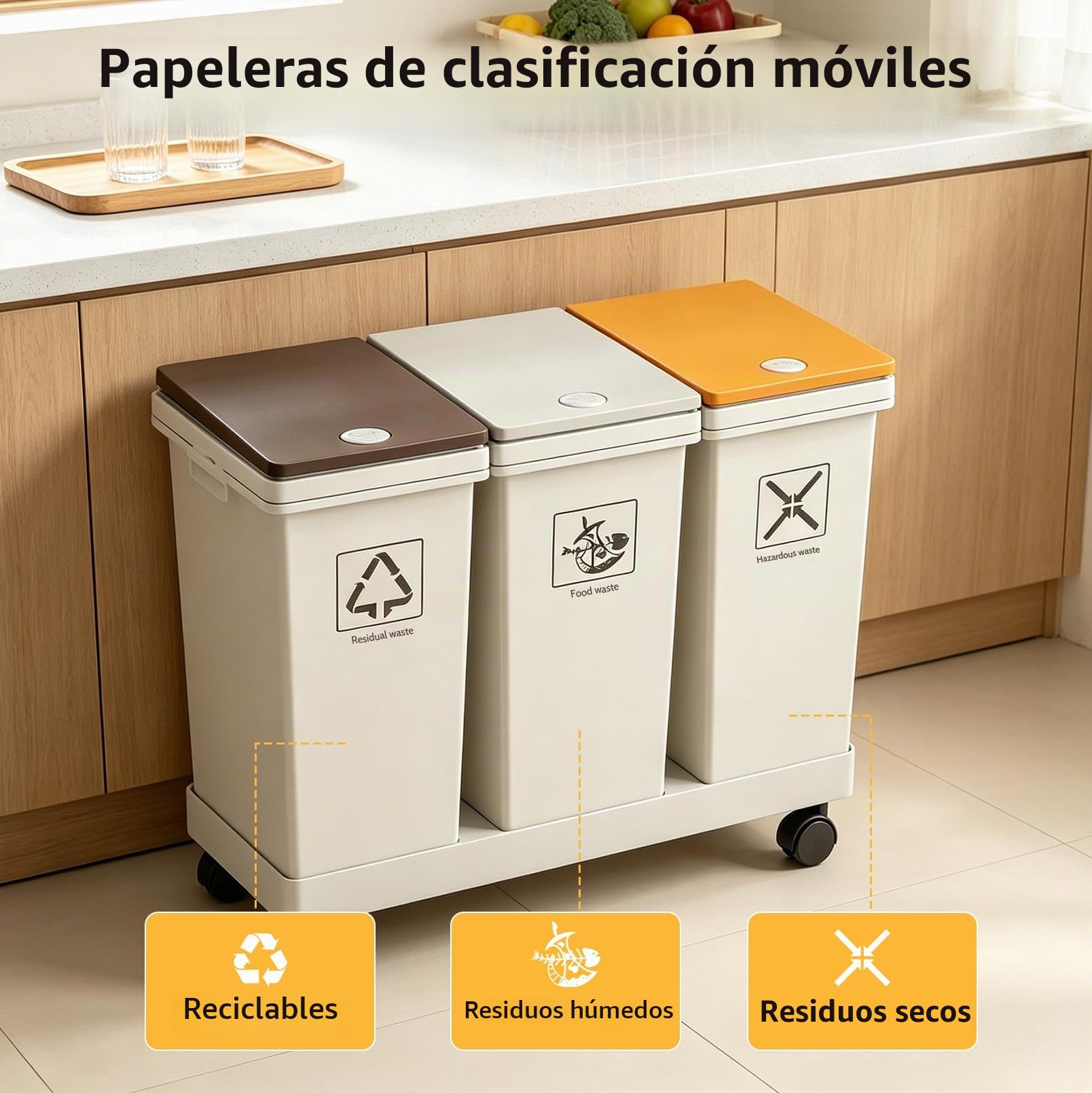 Set de papeleras de 3 unidades, 3 X 12L Sistema de separación de basura para cocina con base | Cubo de basura diferenciado extraíble, cubo de basura con tapa y ruedas, para cocina, hogar, oficina, cubo de basura