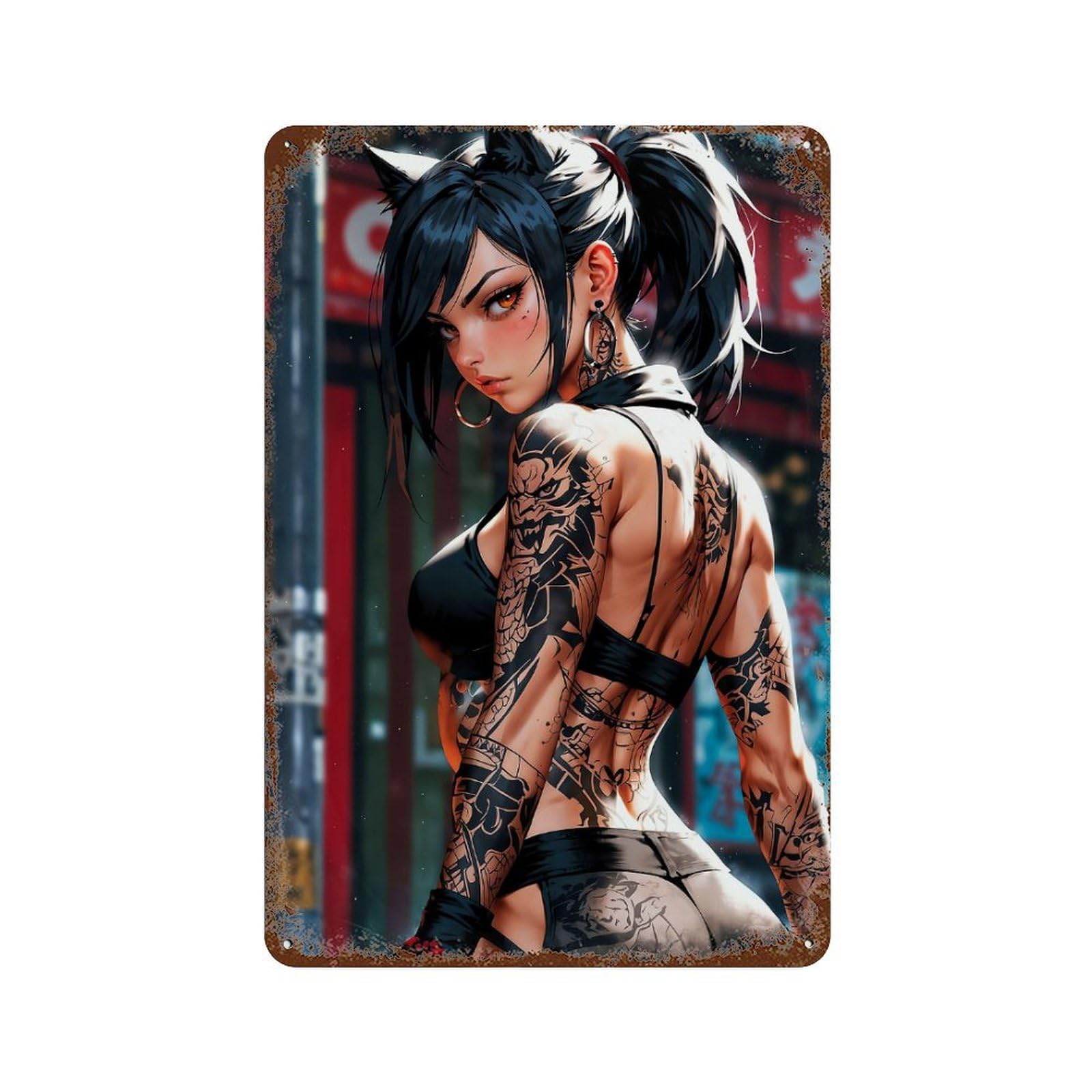 Anime Girl 11.8"x7.9" Weathered Tin Sign, Shabby Chic Decor for Farmhouse, Kitchen And Entryway Decor