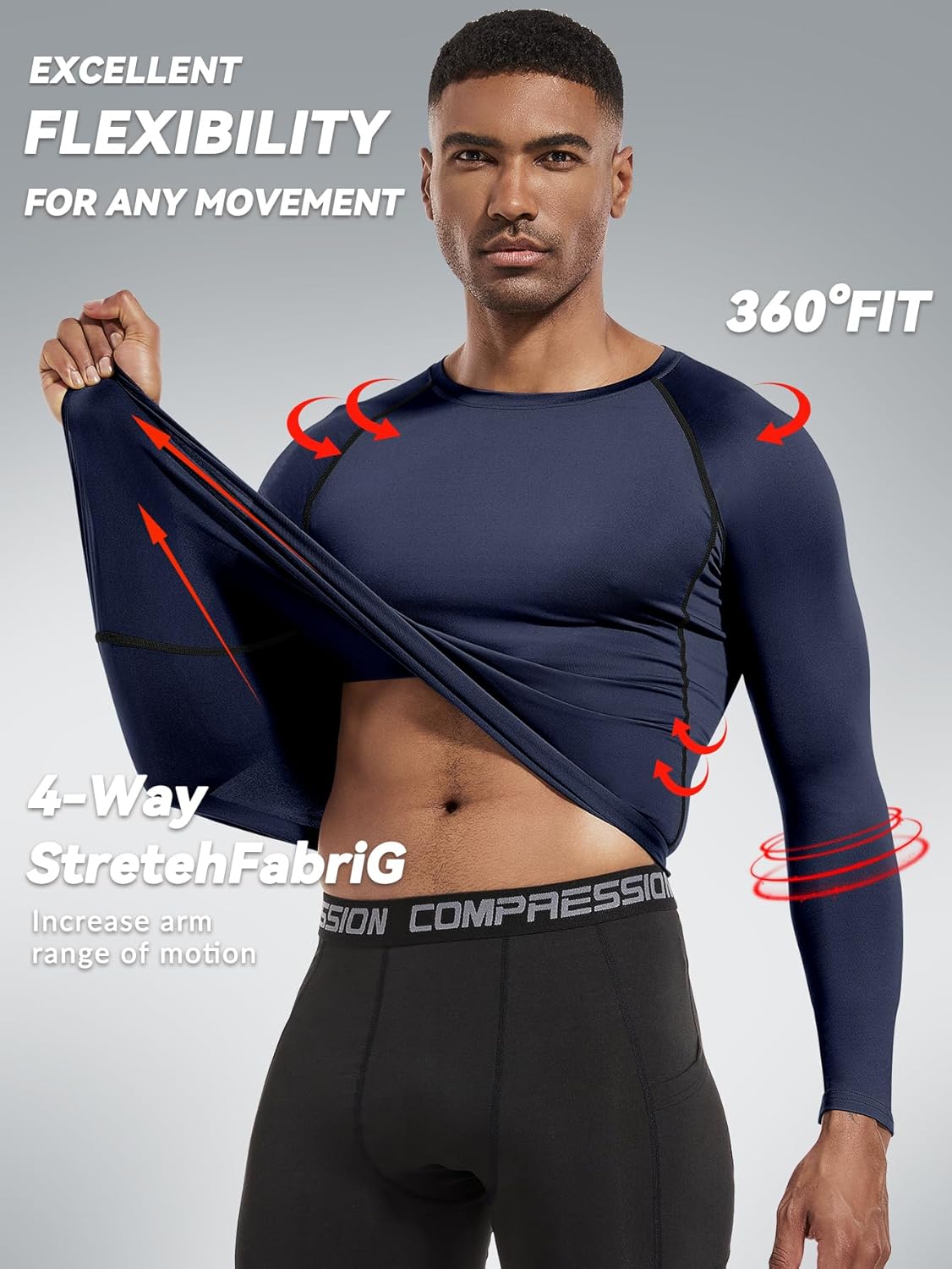 Men's (Pack of 3 or 5) Cool Dry Compression Long Sleeve Sports Baselayer T-Shirts Tops - Image 2