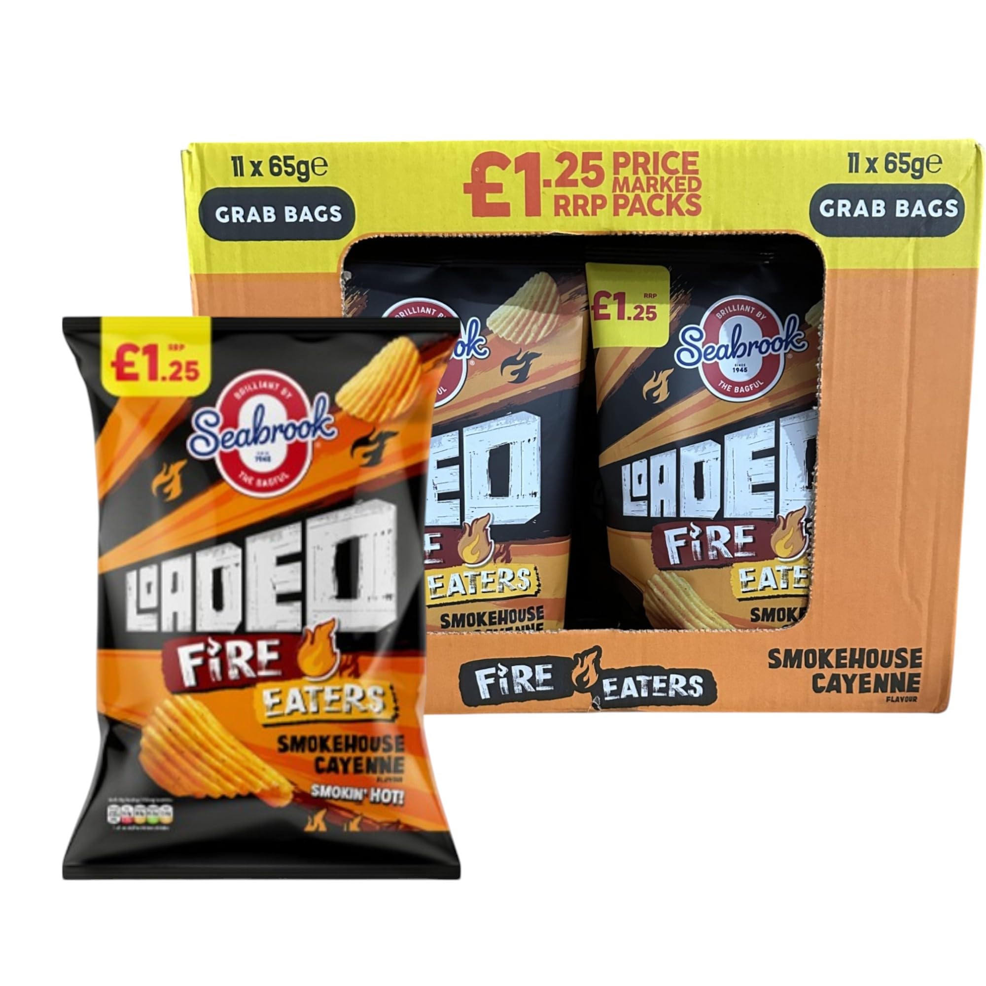 SeabrookLoaded Fire Eaters Smokehouse Cayenne – 11 x 65g Full Box, Vegan & Vegetarian Society Approved, Smoky & Spicy Crisps – Price Marked