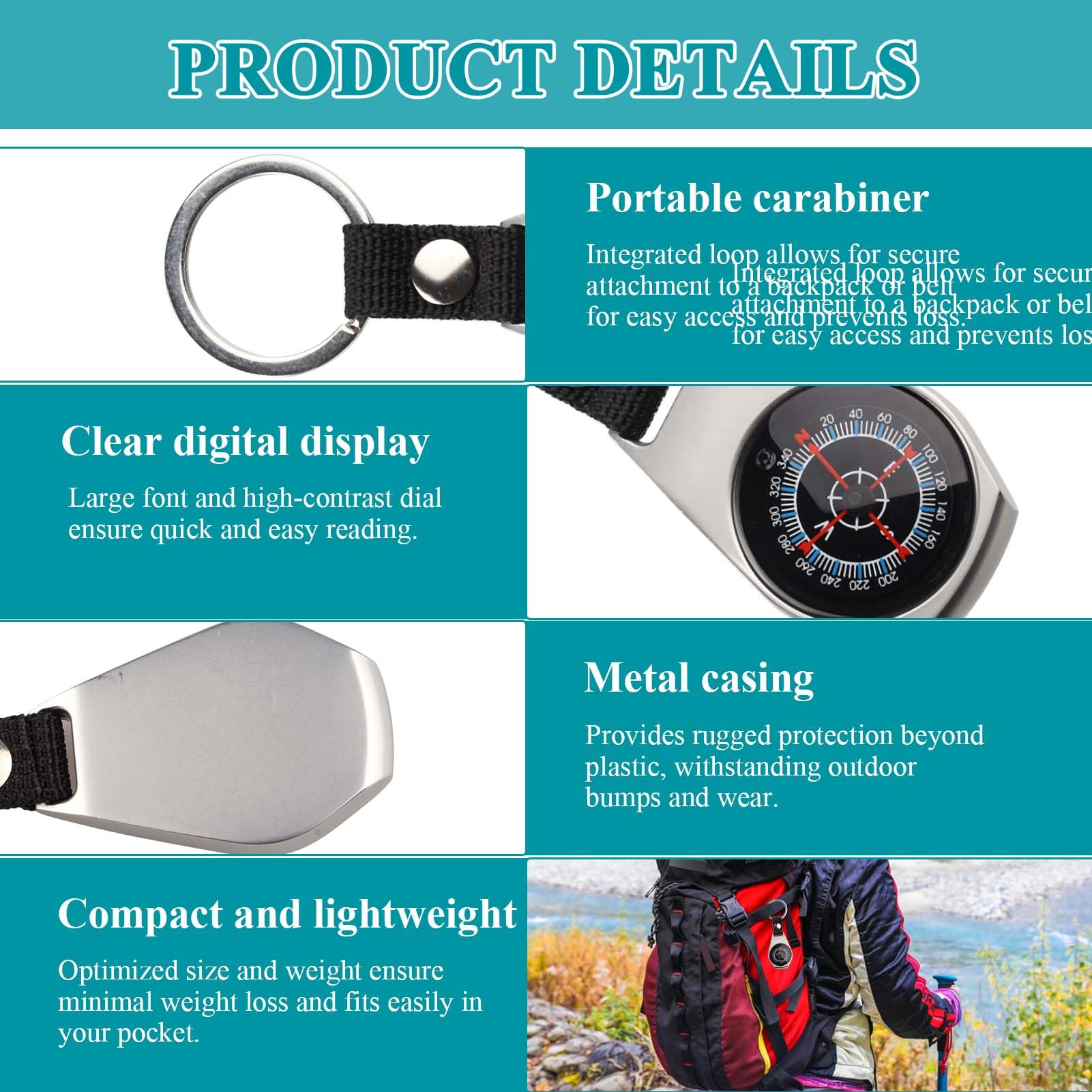Boussole Porte Clés, Boussole Poche Étanche Aluminium Waterproof Portable Mousqueton Professionnelle Outils Navigation Plein Air pour l'extérieur Le Camping et L'Aventure Voyage et Randonnée