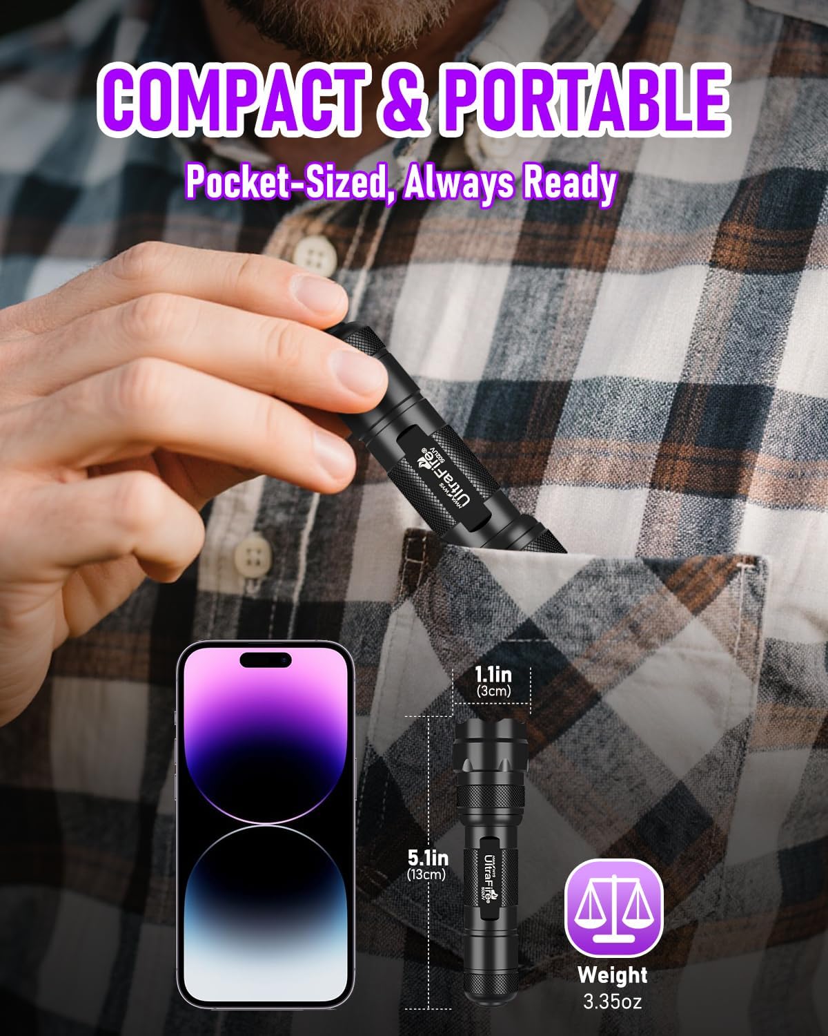 UltraFire Torcia UV 395nm LED a Luce Nera, Luce UV Regolabile a Fuoco, Piccola Torcia Ultravioletta LED per Indurimento Resine, Rilevamento di Fluorescenza, Macchie di Urina di Animali Domestici