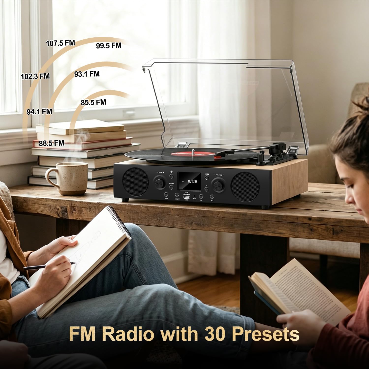 Odtwarzacz płyt z wbudowanymi głośnikami, gramofon Bluetooth w stylu vintage, 3 prędkości, z nagrywaniem USB, odbiorem Bluetooth, wyjściem liniowym RCA i wejściem AXU, radiem FM, odtwarzaczem płyt
