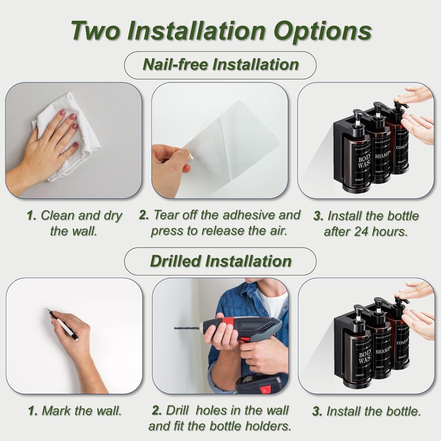 Shampoo and Conditioner Dispenser for Shower Wall, Body Wash Dispenser with 5 Waterproof Labels, No-Drill Wall Mounted Shower Soap Dispenser for Bathroom Decor Upgrade - Brown 3 Chamber