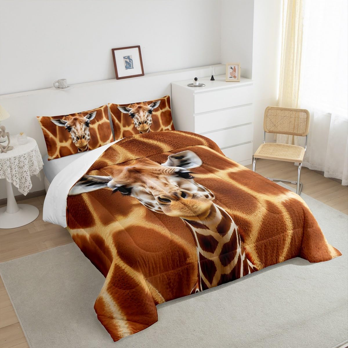 Giraffe Kids Comforter Set Full Size,Giraffe Skin Fur Texture Rustic Farmhouse Bedding Set,Boys Girls Adults Room Decor,Wild Animals Wildlife Down Comforter,Brown Retro Duvet Insert,2 Pillowcases