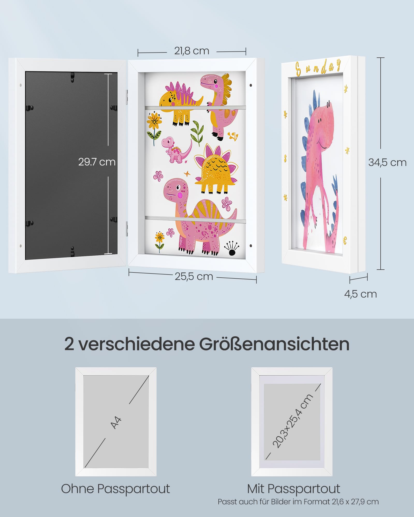 SONGMICS Bilderrahmen 2er Set, A4, 22 x 28 cm, Kinderauszeichnungen, jede Box für bis zu 150 Zeichnungen, MDF, Glas, Passepartout, Sticker, spurlose Wandhaken, 34,5 x 25,5 cm, mattweiß RPF052W02