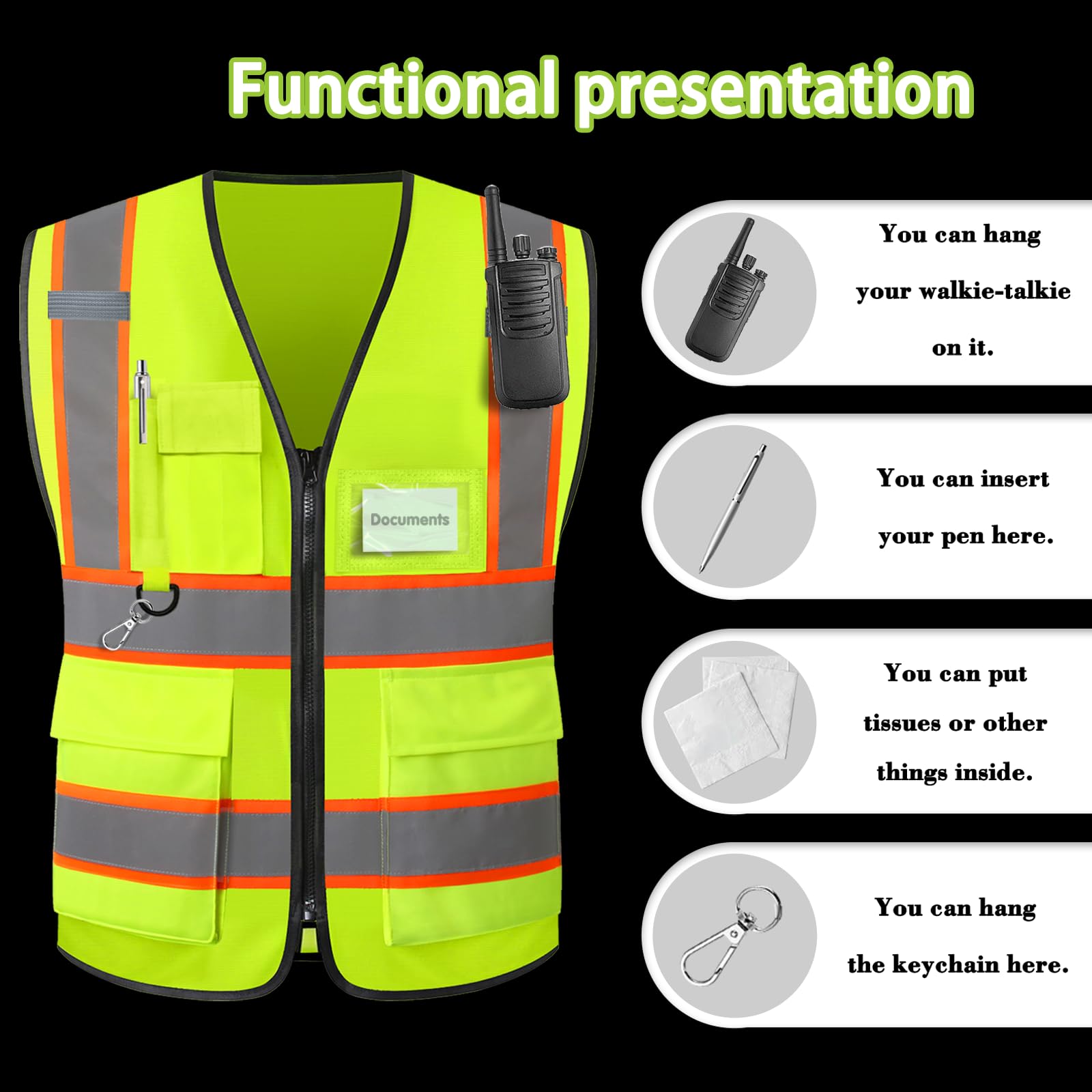 Chaleco de Seguridad para Hombre Mujer Personalizado con Logotipo/Texto/Nombre,Chalecos de Trabajo Reflectantes Personalizados de Alta Visibilidad con Cremallera de Bolsillo