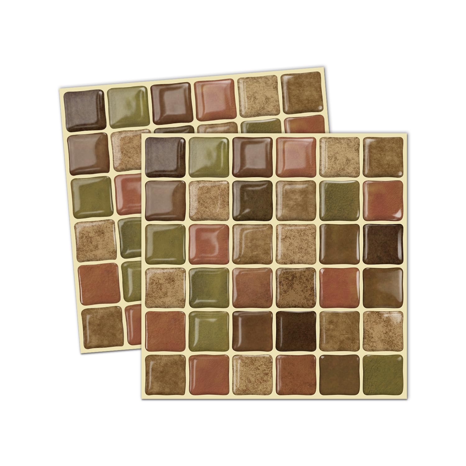 Alwayspon 15x15cmx10Pcs 3D Mosaic Self Adhesive Wall Tile Sticker Transfers, Peel and Stick Adhesive Waterproof Splashback Stick on Tile Decals for Kitchen Bathroom Wall, Retro Brown Green — image 1