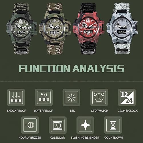 Miniatura 6 de Reloj táctico de supervivencia 23 en 1 para hombre, multifuncional, resistente al agua, para exteriores, pulsera ajustable con brújula de paracaídas