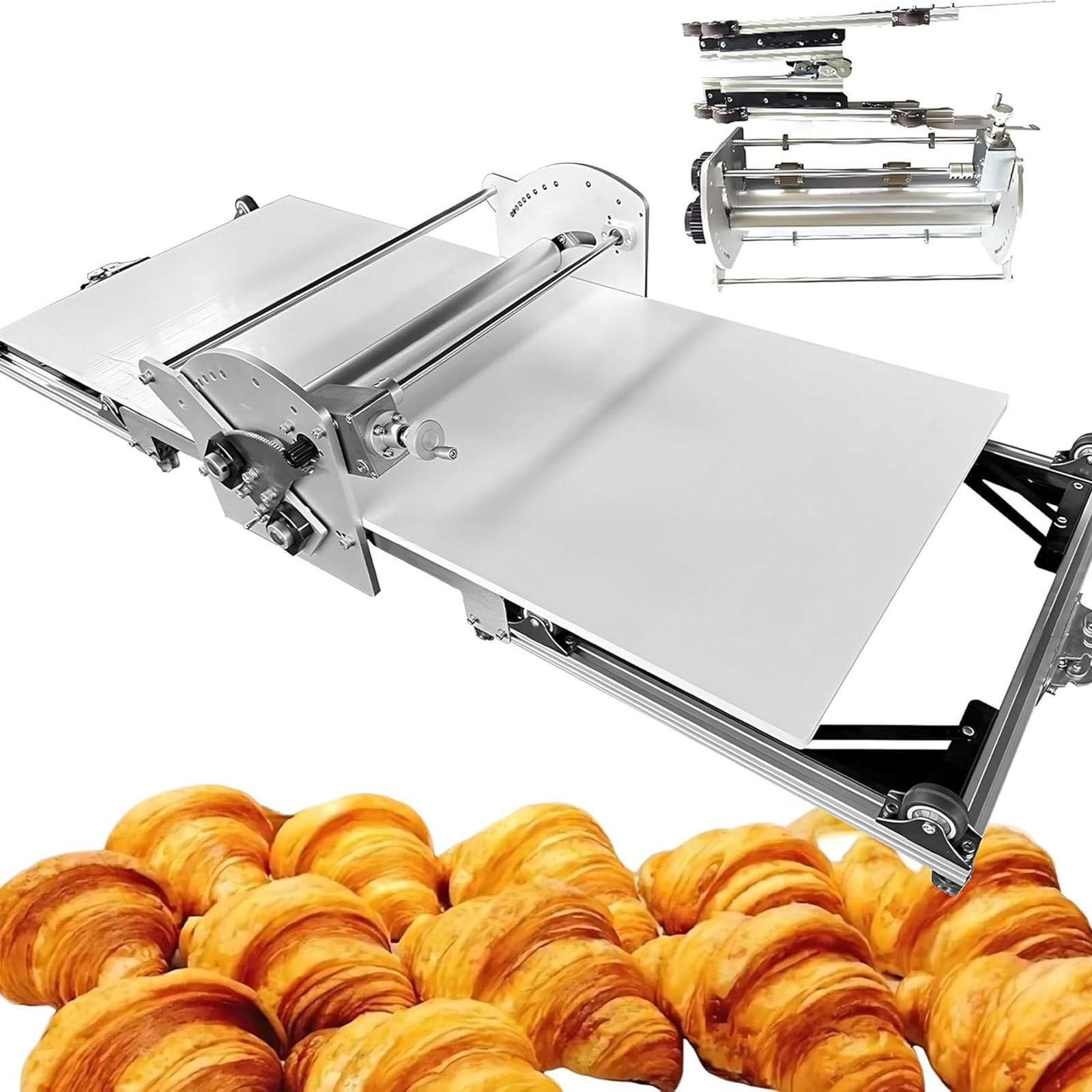 Macchina sfogliatrice elettrica Commerciale, laminatrice, Spessore Regolabile, Rullo stenditore Pieghevole in Acciaio Inox per Pasticceria, per panetteria, Croissant, Pizza e casa