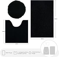Vista 3 de Juego de 3 alfombras de baño de felpilla ultrasuave, antideslizante y súper absorbente, parte inferior de PVC fuerte, lavable a máquina, para Negro