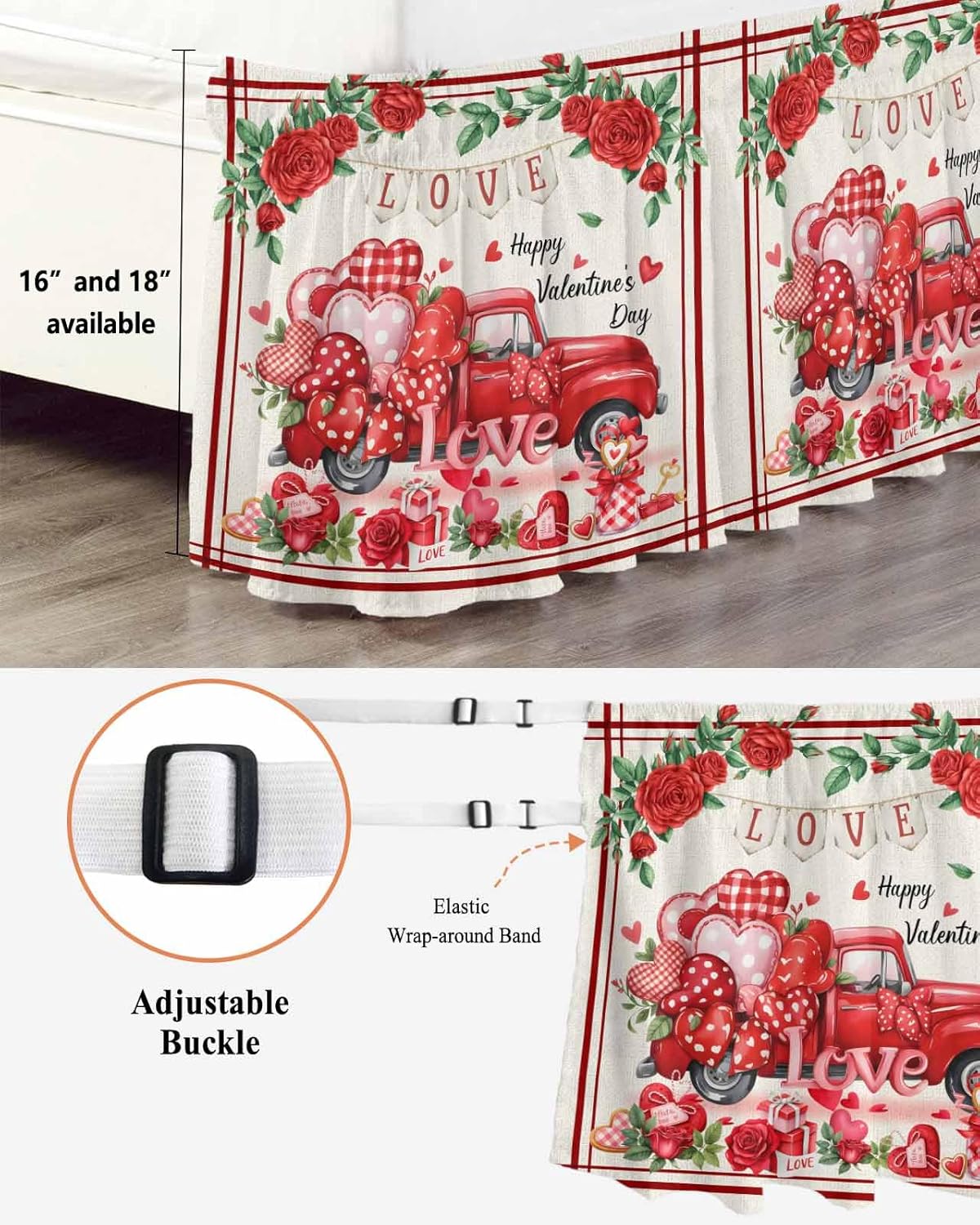 Burlap Valentine's Bed Skirt Cal King Size 16 Inch Drop,Adjustable & Elastic Wrap Around Bed Skirts Pleated Luxury Dust Ruffles for Twin Full Queen Cal King Bed,Farmhouse Red Truck Rose Bohemia Dots