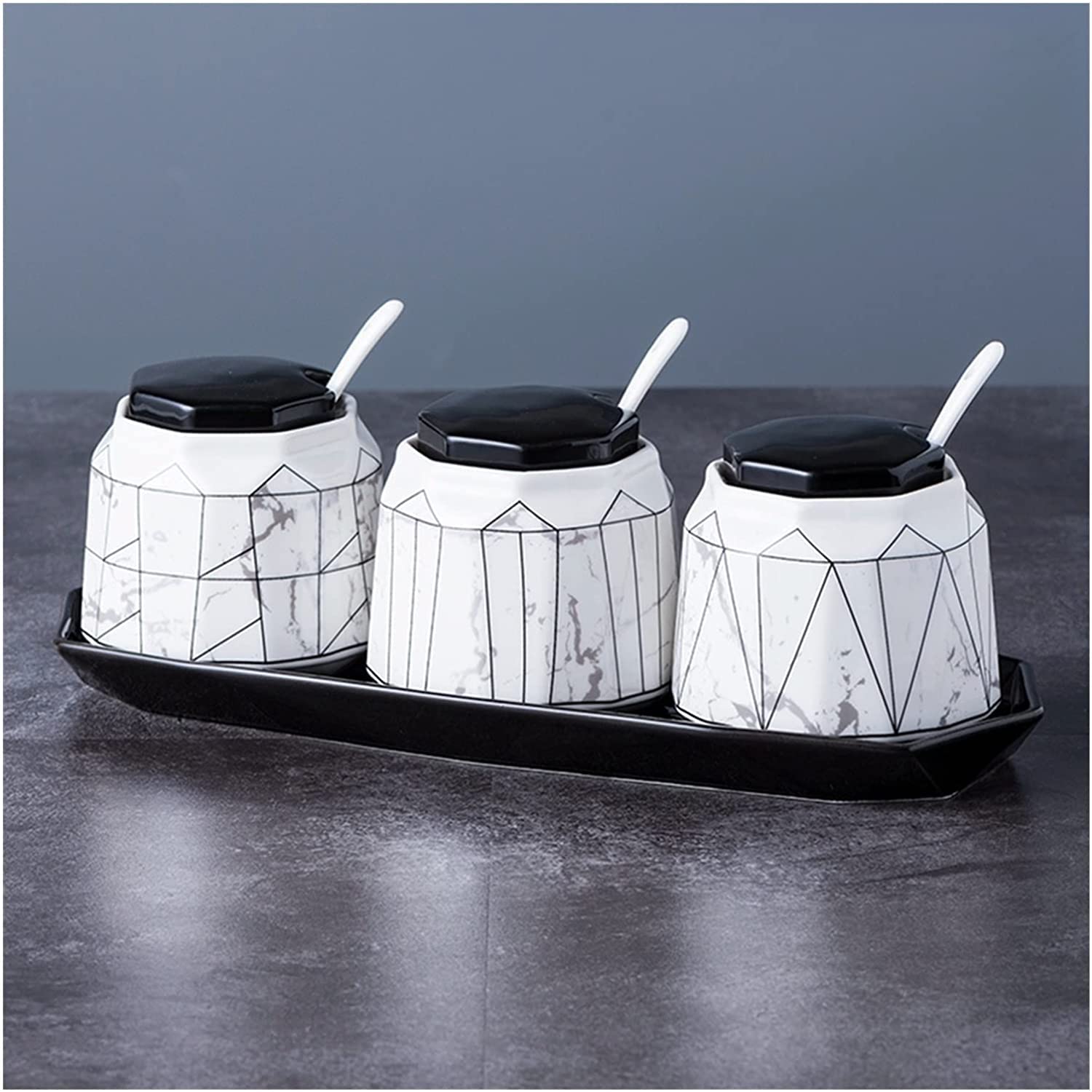 TBLOTYD kitchen Condiment jar Ceramic Seasoning Pot Set Spice Container with Ceramic Spoon with Lid and Tray 380ml Sugar Bowl Seasoning Pot Condiment Pots Seasoning Jar